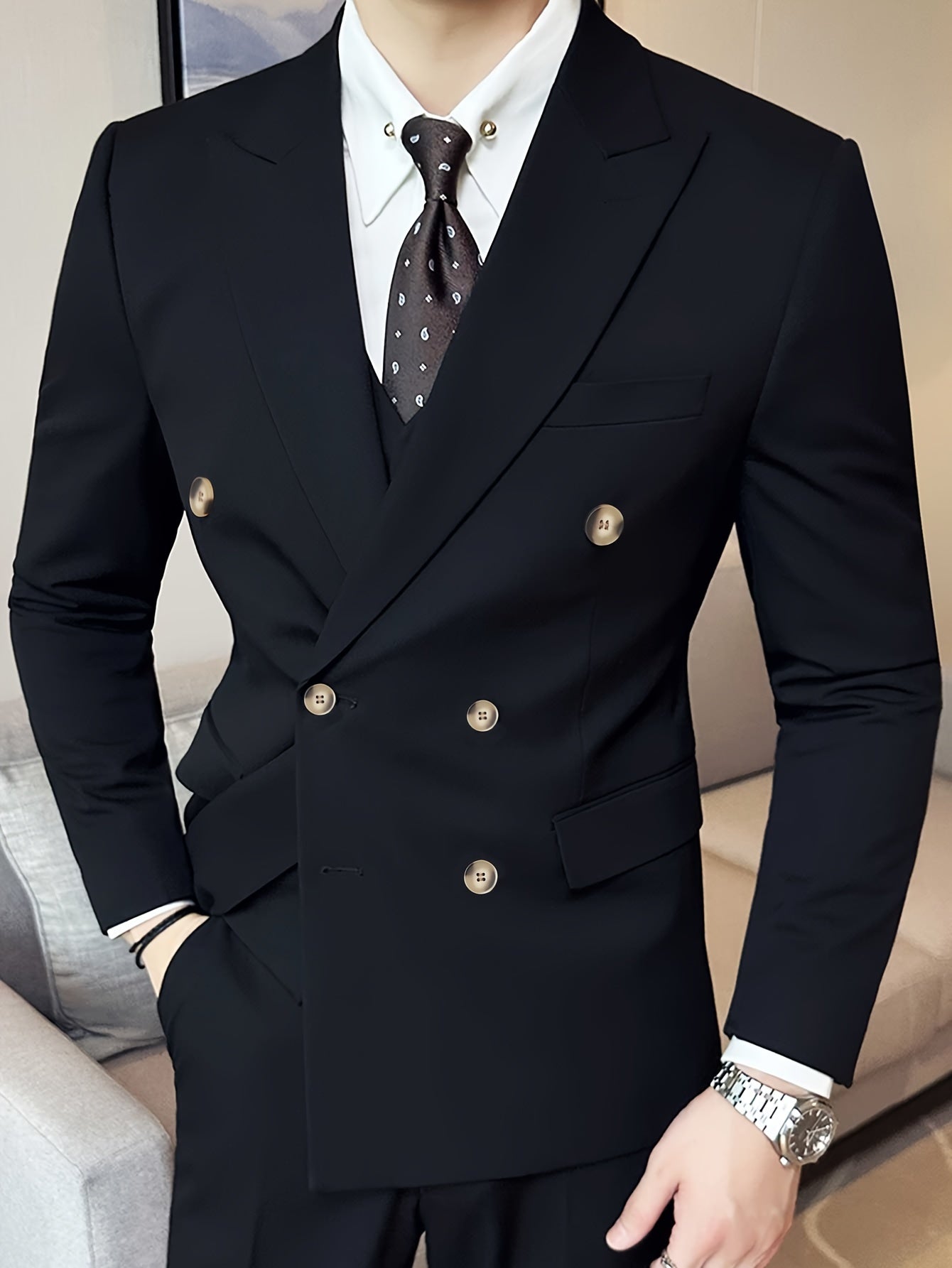 Men's Solid Color Double-Breasted Blazer, Fashion Tailored Fit Suit Coat With Peak Lapels For Business Formal Occasions