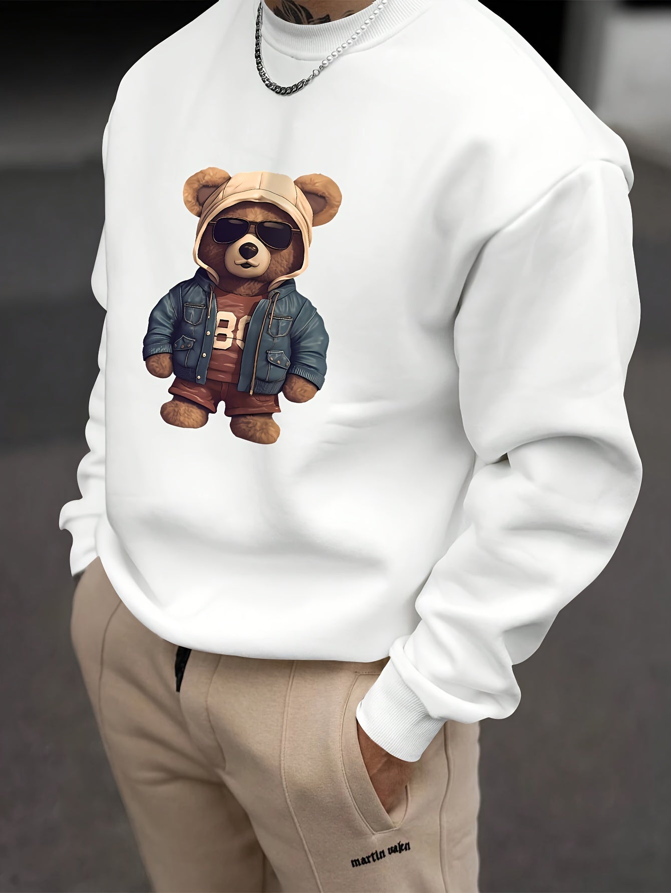 Men's Fashion Creative Design Teddy Bear Print Long Sleeve Loose Fit Crew Neck Sweatshirt, Casual Polyester Knit Athletic Commuter Hoodie, Animal Pattern, Stretch Fabric, Relaxed Fit