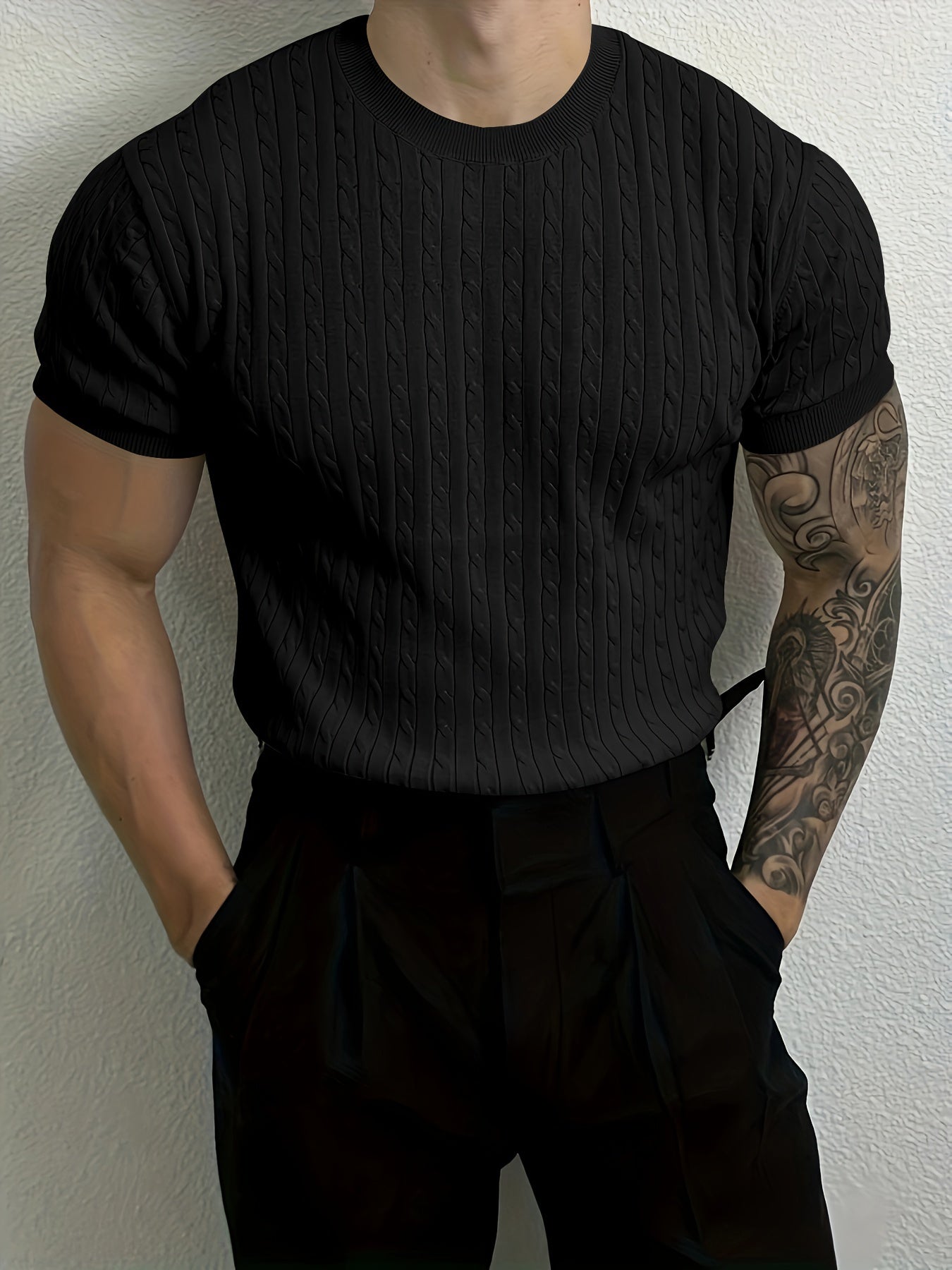 Men's Ribbed And Textured Knit Crew Neck And Short Sleeve T-shirt, Casual And Chic Summer Tops For Daily And Outdoors Leisurewear