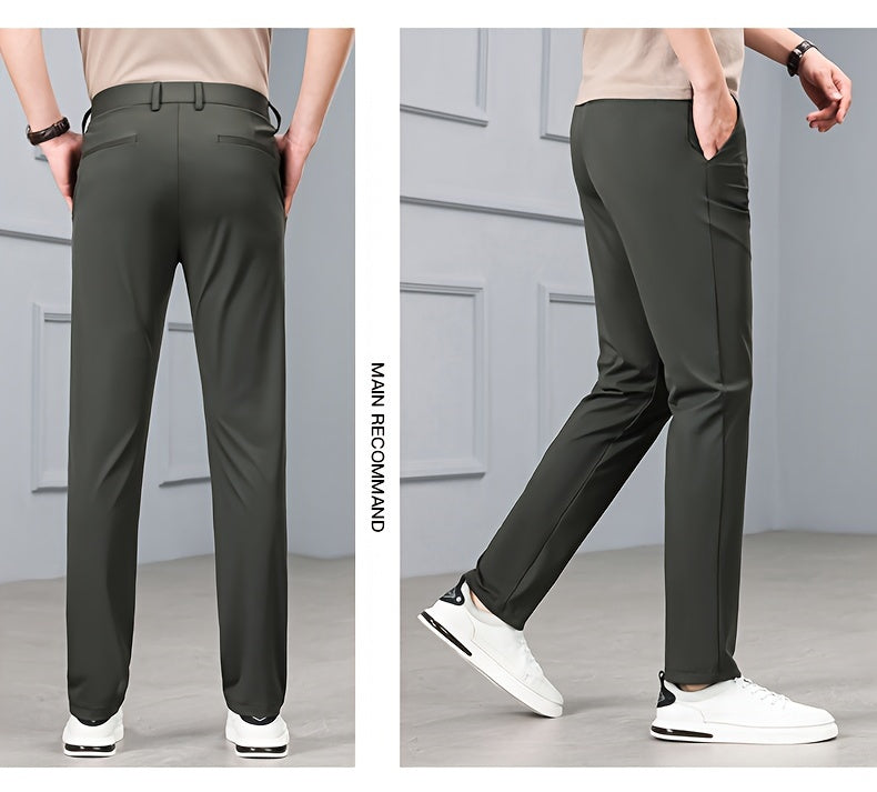 Men's Solid Dress Pants With Pockets, Casual Skinny High Stretch Trousers For Outdoor, Old Money Style