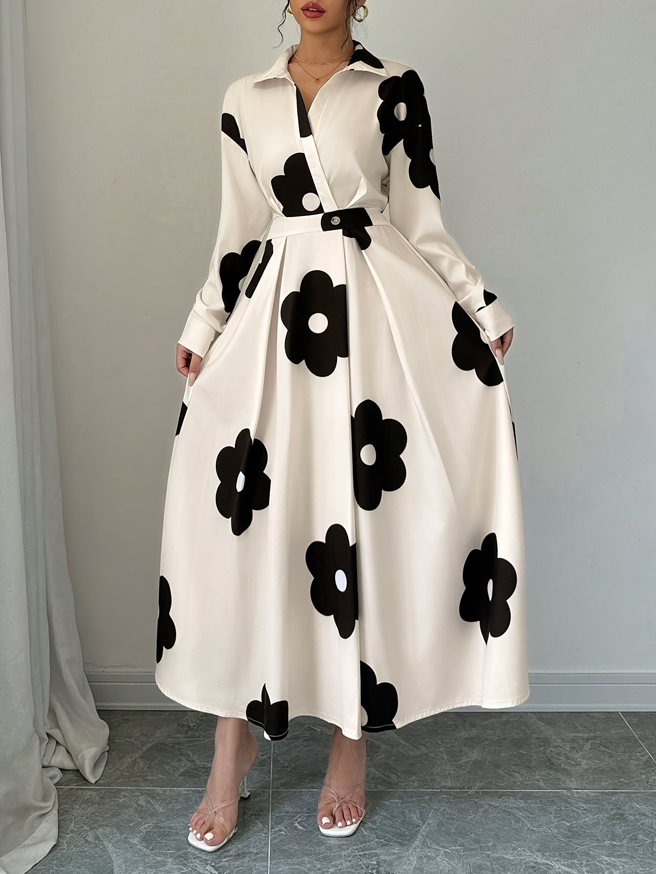 Floral Print Long Sleeve Dress, Elegant Lapel High Waist A-line Dress For Fall, Women's Clothing