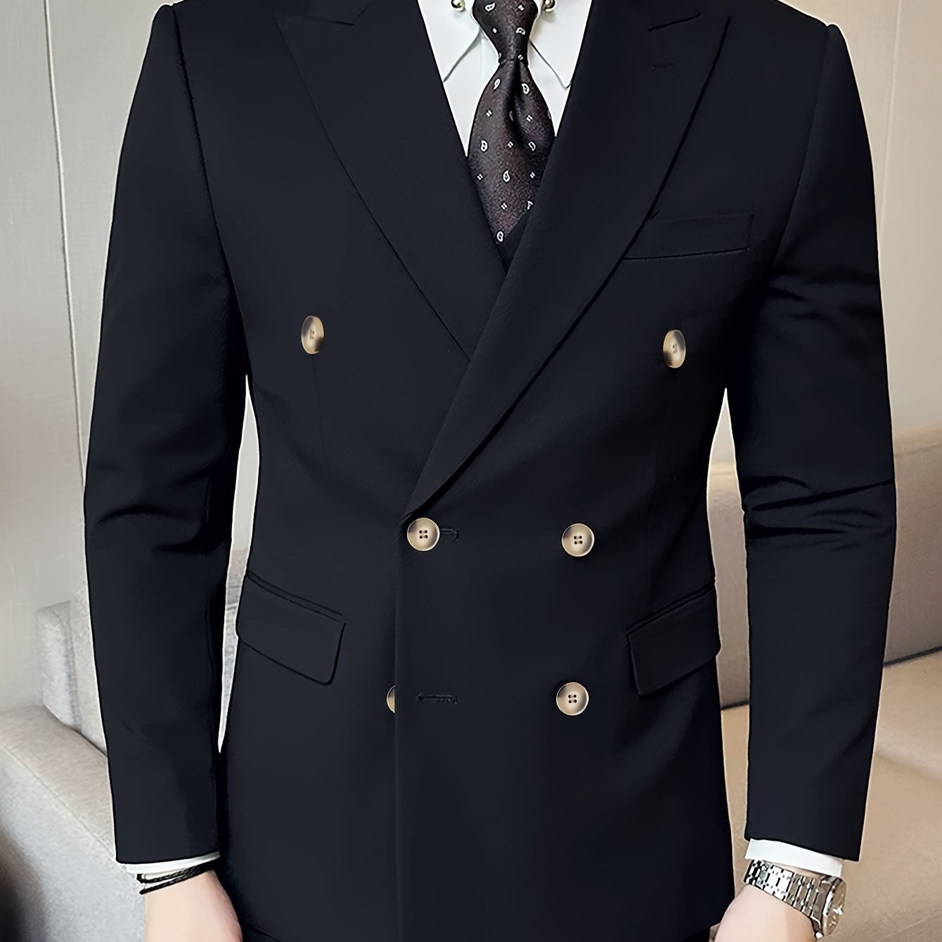 Men's Solid Color Double-Breasted Blazer, Fashion Tailored Fit Suit Coat With Peak Lapels For Business Formal Occasions