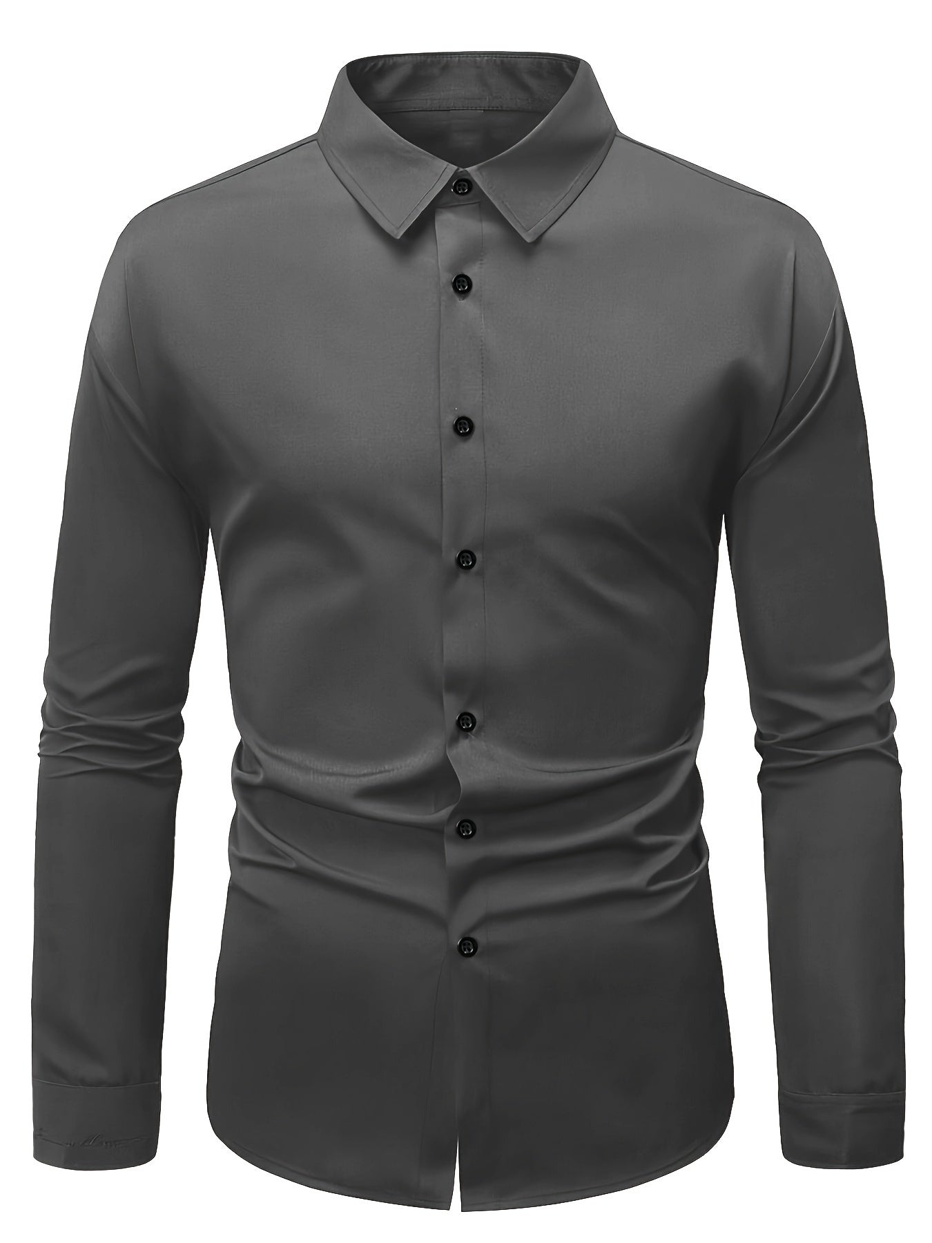 Men's Solid Color Lapel Collar Design Dress Shirts, Long Sleeve Casual Button Up Shirt For Formal Occasions