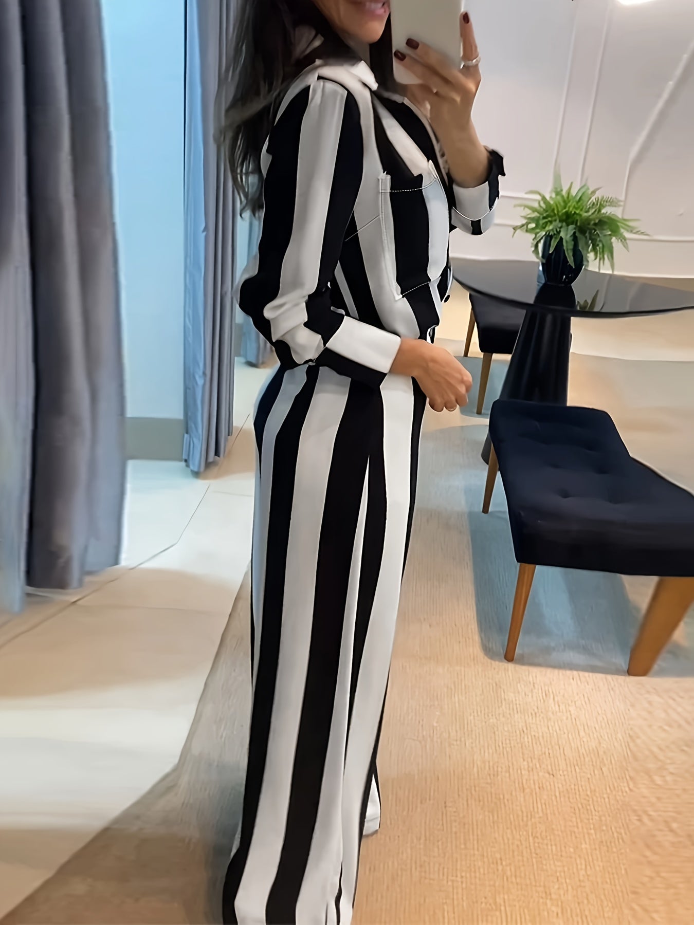 Women's Elegant Striped Shirt and Wide-Leg Pants Set, Polyester, Button-Down, Regular Sleeve, Long Sleeve, Spring/Summer Collection, H-Fit, Solid Color