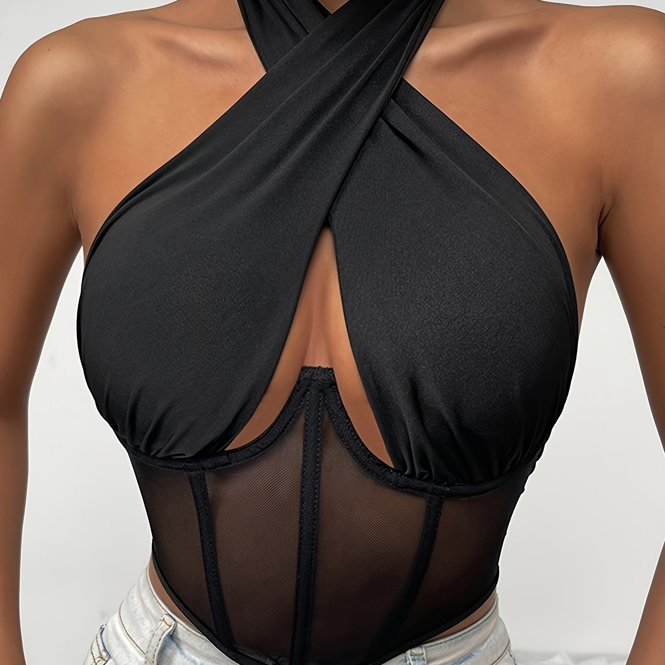 Solid Mesh Contrast Halter Semi Sheer Top, Sexy Hollow Out Top, Women's Lingerie & Underwear