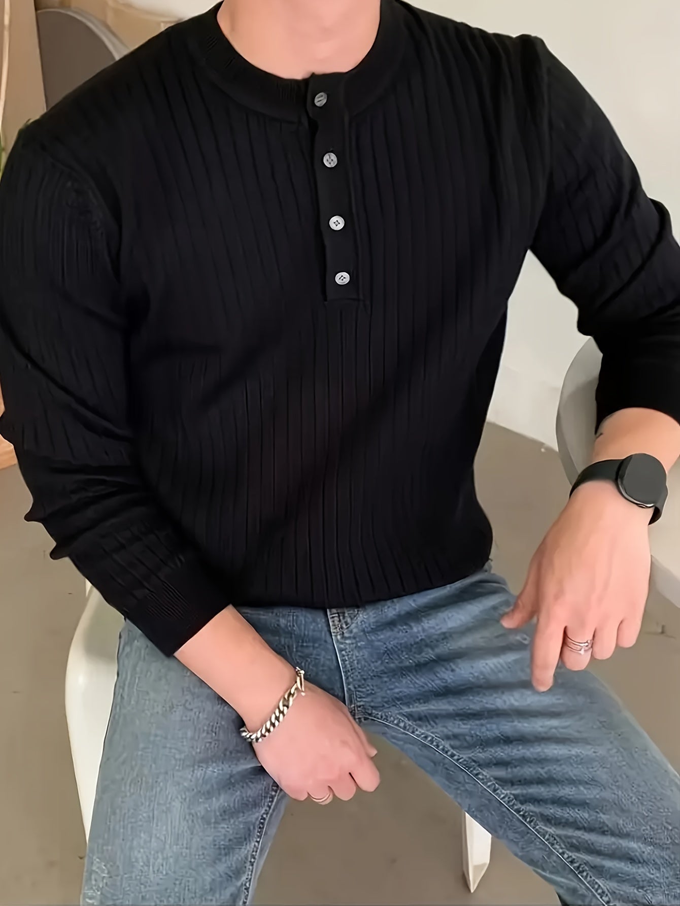 Ribbed Knitted Henley Shirt