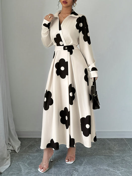 Floral Print Long Sleeve Dress, Elegant Lapel High Waist A-line Dress For Fall, Women's Clothing