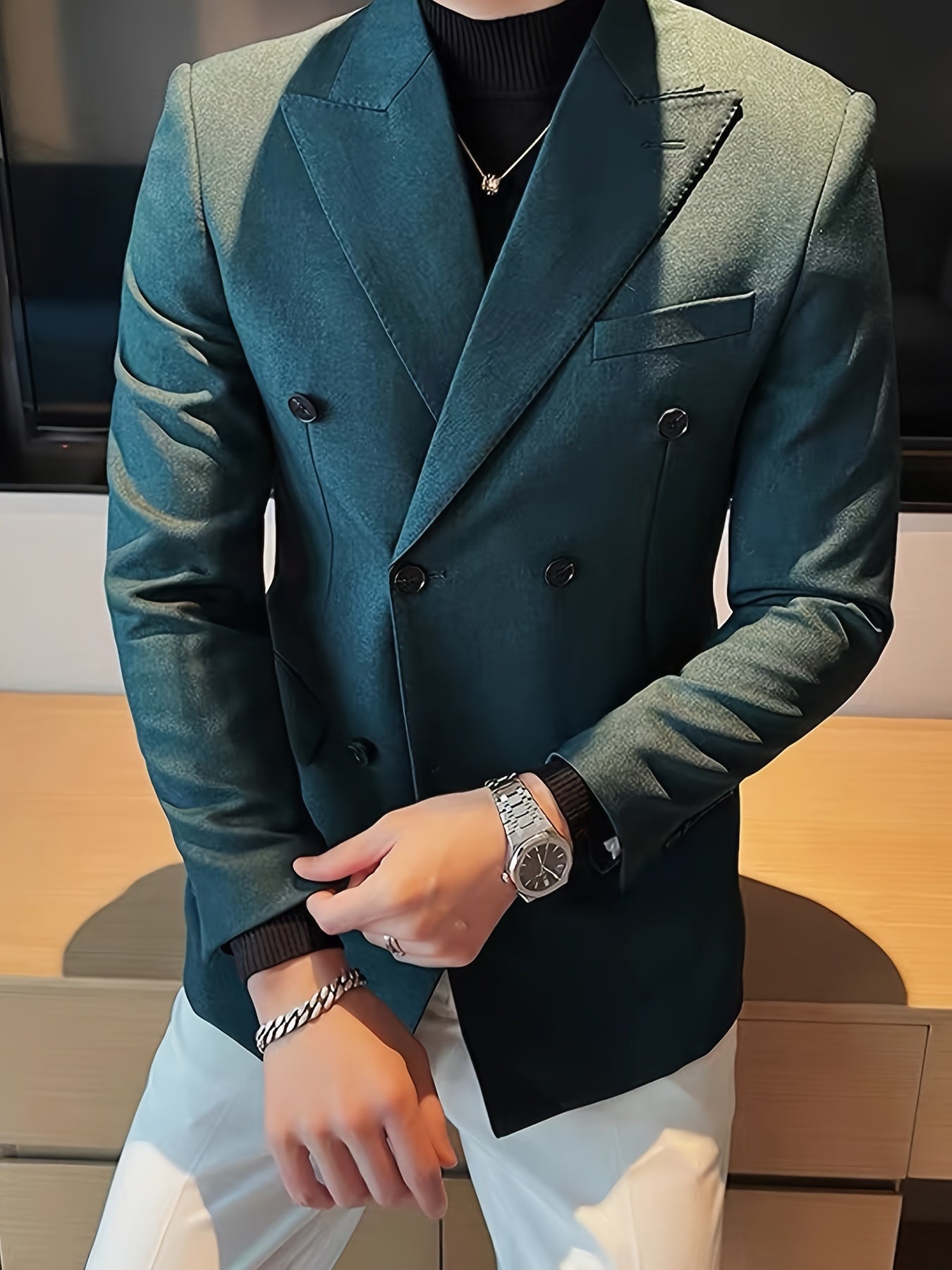 Elegant Men's Double-Breasted Blazer - Slim Fit, Long Sleeve Suit Jacket for Weddings & Formal Events, Polyester