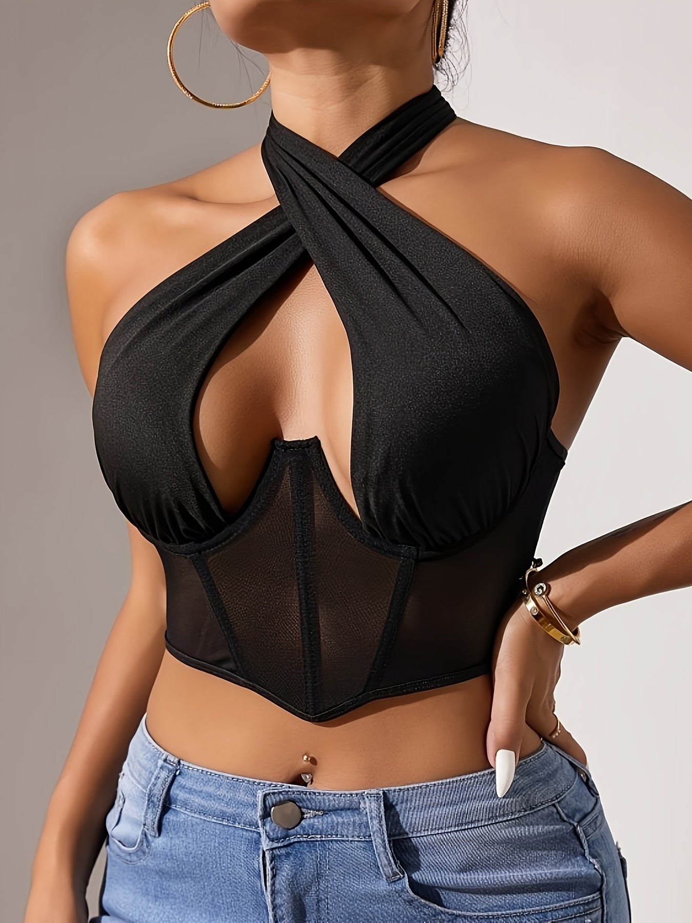 Solid Mesh Contrast Halter Semi Sheer Top, Sexy Hollow Out Top, Women's Lingerie & Underwear