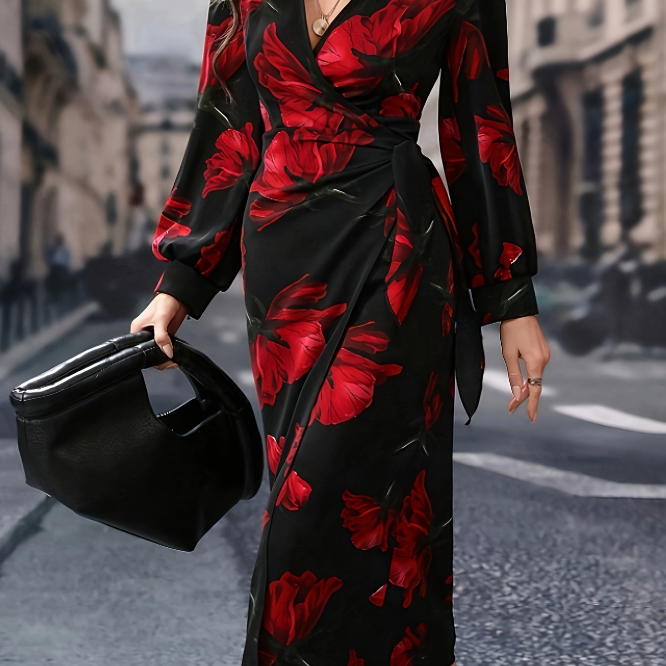 Elegant Floral Print V-Neck Midi Dress with Lace-Up Detail - 100% Polyester Long Sleeve Fitted Dress for Women - All-Season Woven Collection