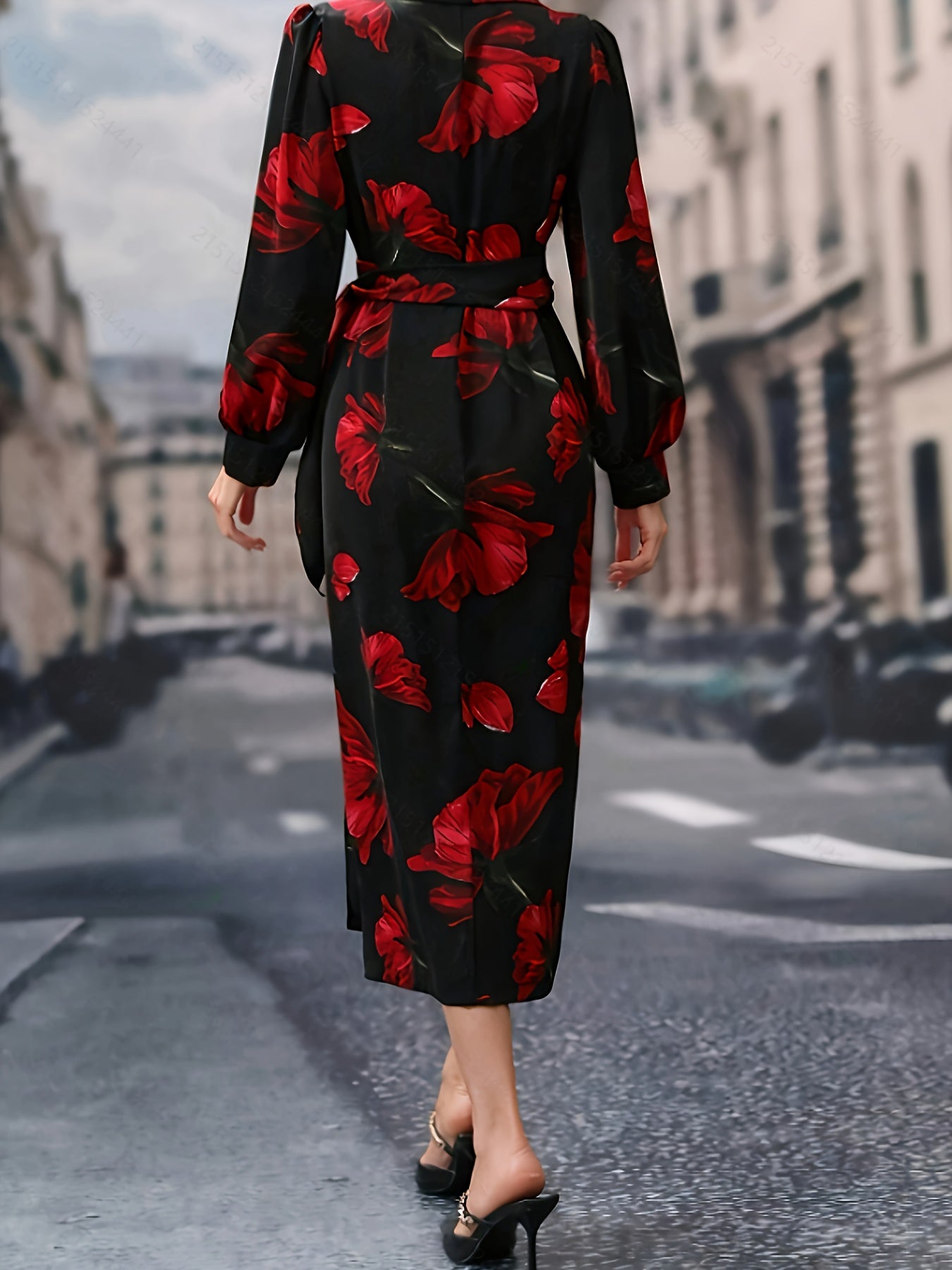 Elegant Floral Print V-Neck Midi Dress with Lace-Up Detail - 100% Polyester Long Sleeve Fitted Dress for Women - All-Season Woven Collection