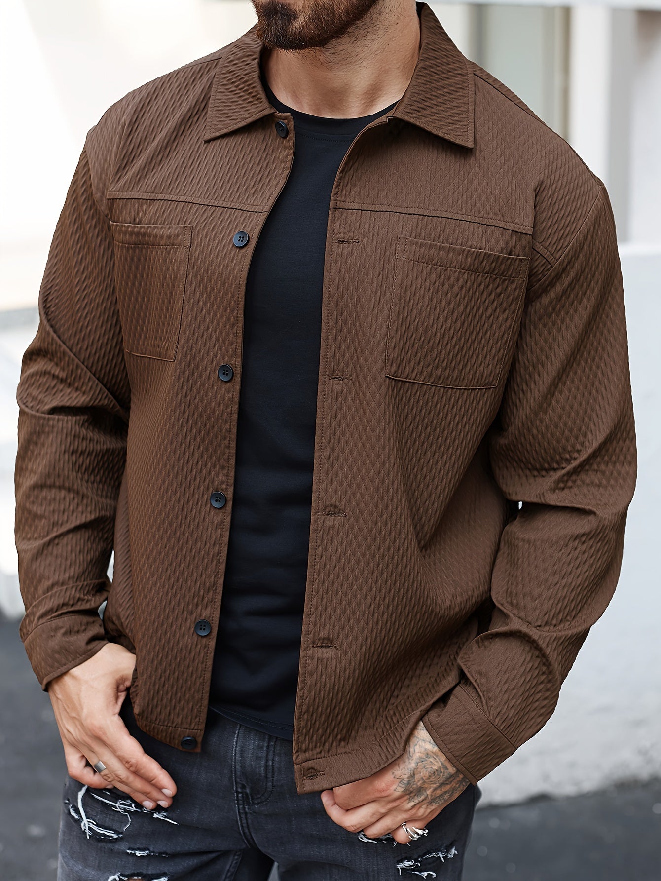 Men's Solid Color Textured Long Sleeve Shirt For Winter And Fall, Casual Comfy Shirt As Gift