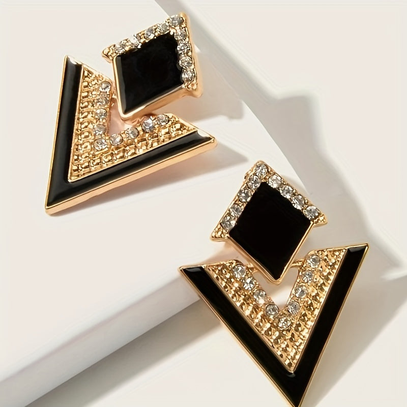 Elegant Black Rhinestone Geometric Dangle Earrings for Women - Perfect for Parties, Holidays & Gifts