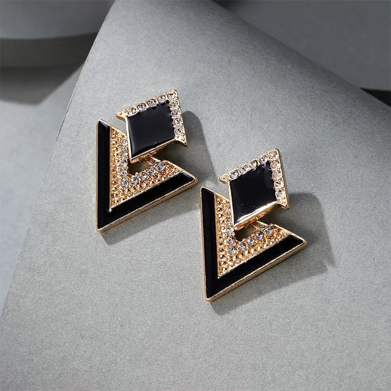 Elegant Black Rhinestone Geometric Dangle Earrings for Women - Perfect for Parties, Holidays & Gifts