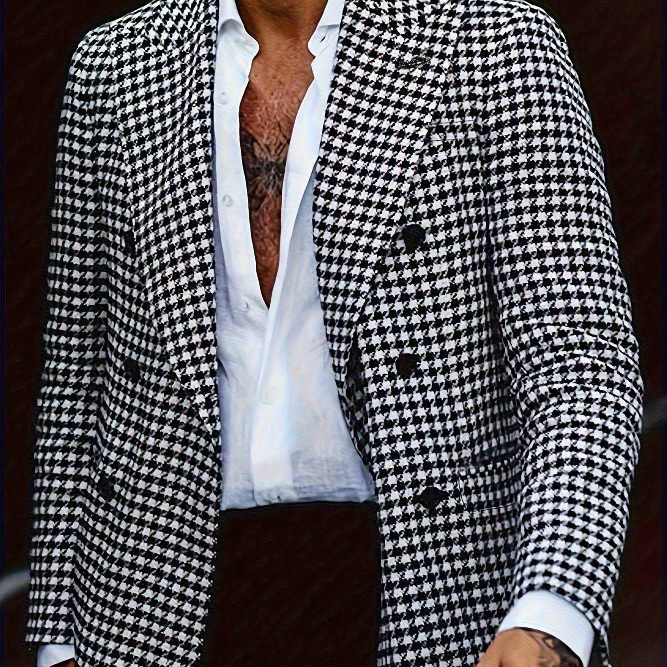 Men's Casual Houndstooth Sport Coat with Peak Lapels - Polyester 100% Woven Fabric, Non-Stretch, Long Sleeve Blazer for Business and Fashion, Classic Pocket Details, Regular Fit for Spring/Fall