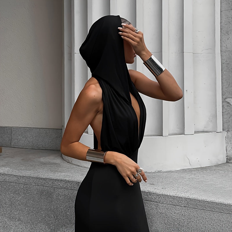 Deep V-neck Hooded Dress