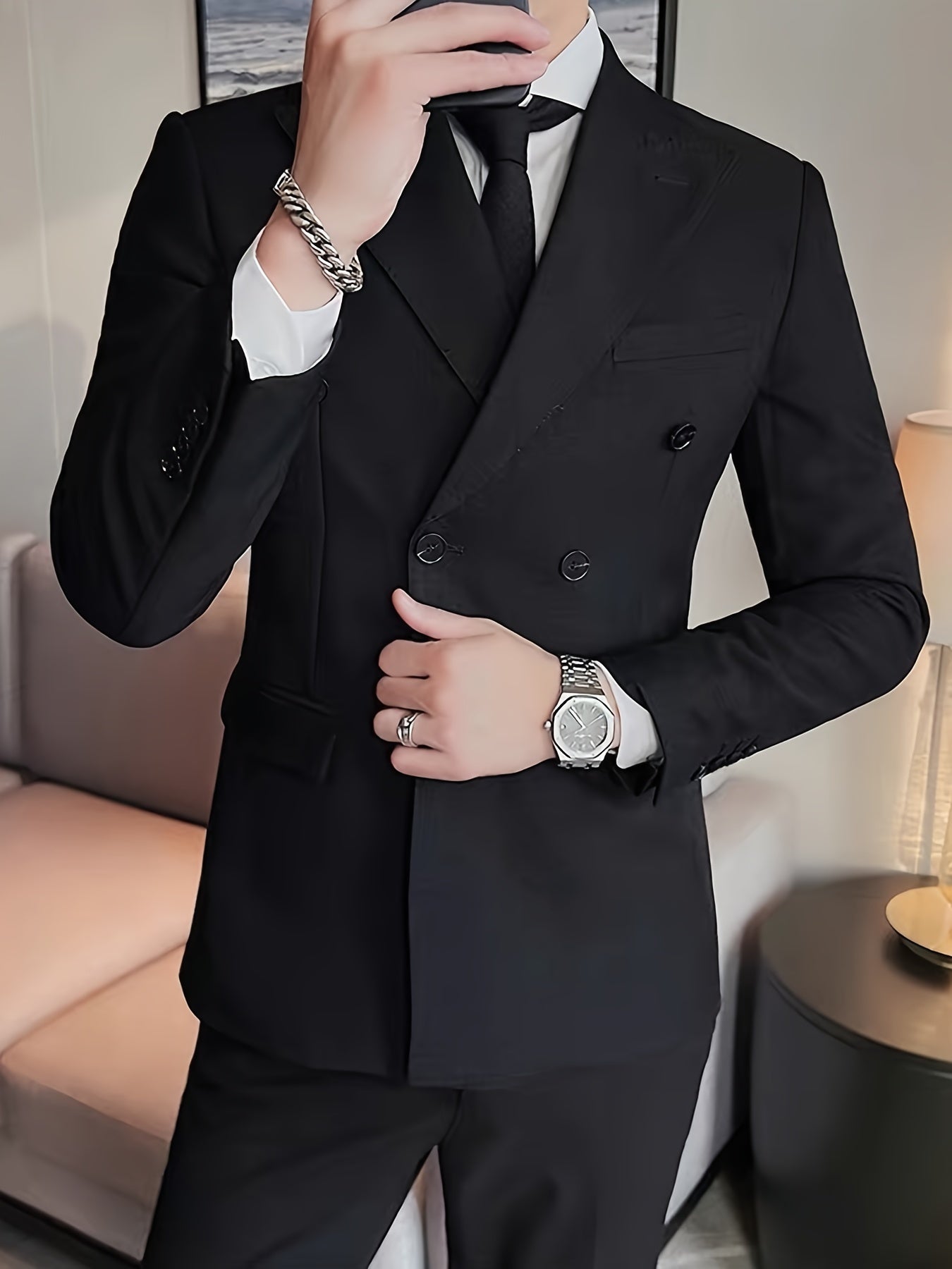 Elegant Men's Double-Breasted Blazer - Slim Fit, Long Sleeve Suit Jacket for Weddings & Formal Events, Polyester