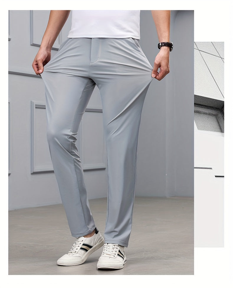 Men's Solid Dress Pants With Pockets, Casual Skinny High Stretch Trousers For Outdoor, Old Money Style