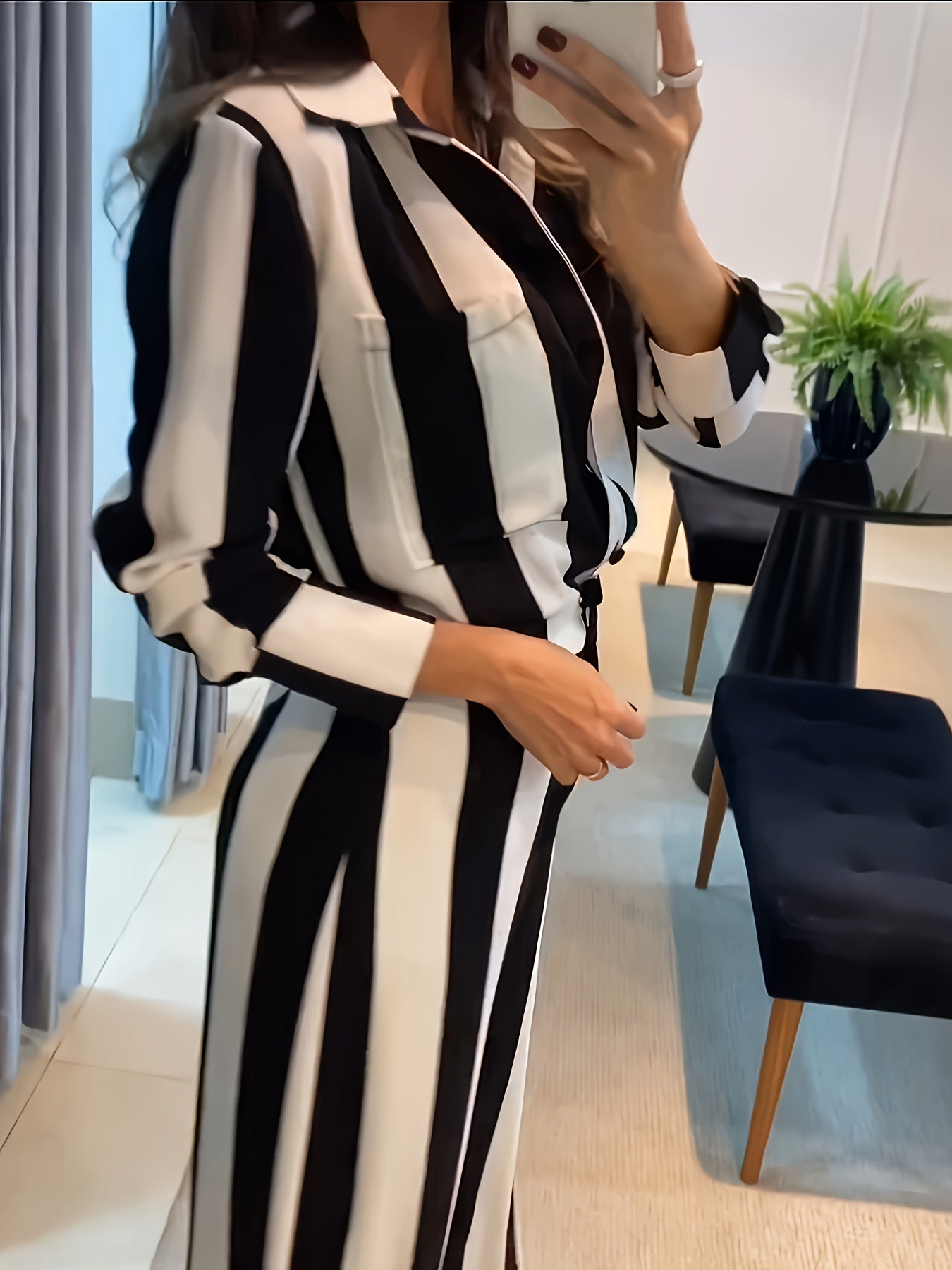 Women's Elegant Striped Shirt and Wide-Leg Pants Set, Polyester, Button-Down, Regular Sleeve, Long Sleeve, Spring/Summer Collection, H-Fit, Solid Color