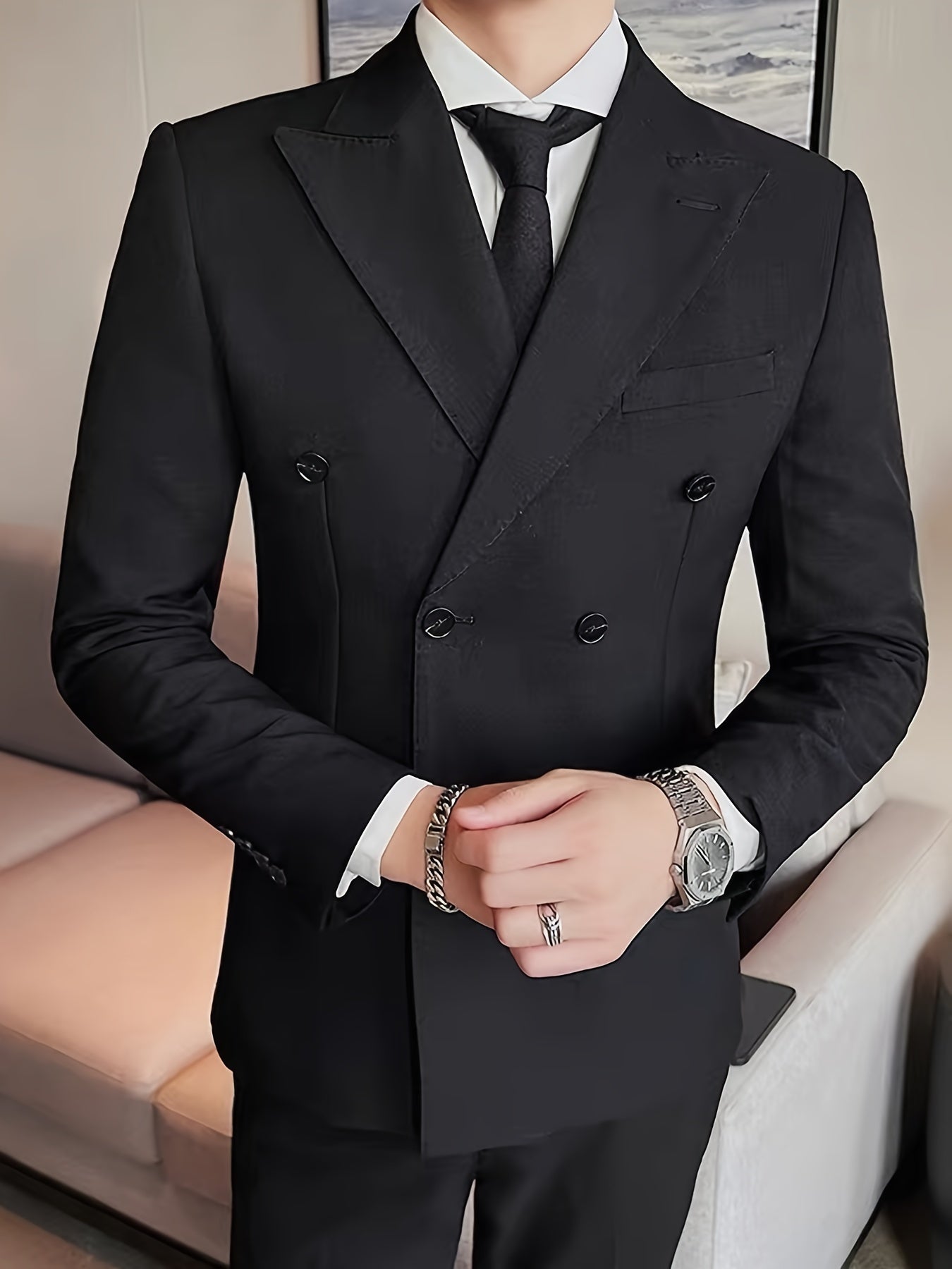 Elegant Men's Double-Breasted Blazer - Slim Fit, Long Sleeve Suit Jacket for Weddings & Formal Events, Polyester