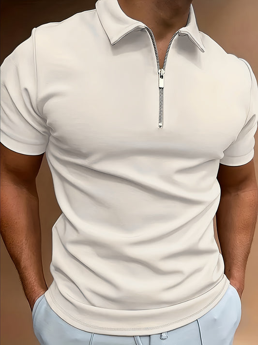 Fashionable Design Men's Waffle Knit Solid Color Short Sleeve Lapel Collar And Half Zip Henley Shirt, Casual And Trendy Golf Tops For Business And Sports Leisurewear