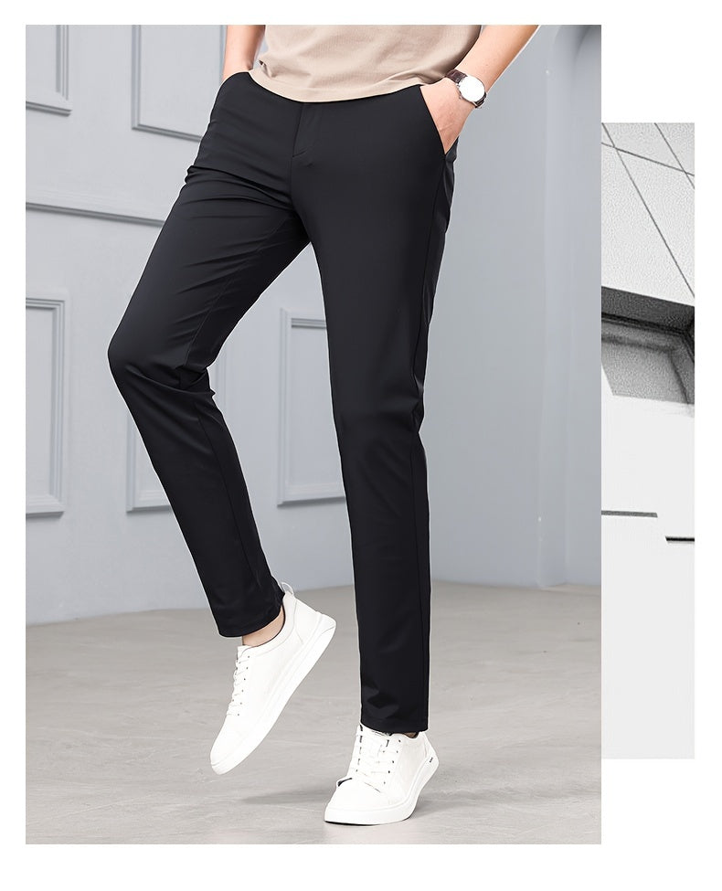 Men's Solid Dress Pants With Pockets, Casual Skinny High Stretch Trousers For Outdoor, Old Money Style