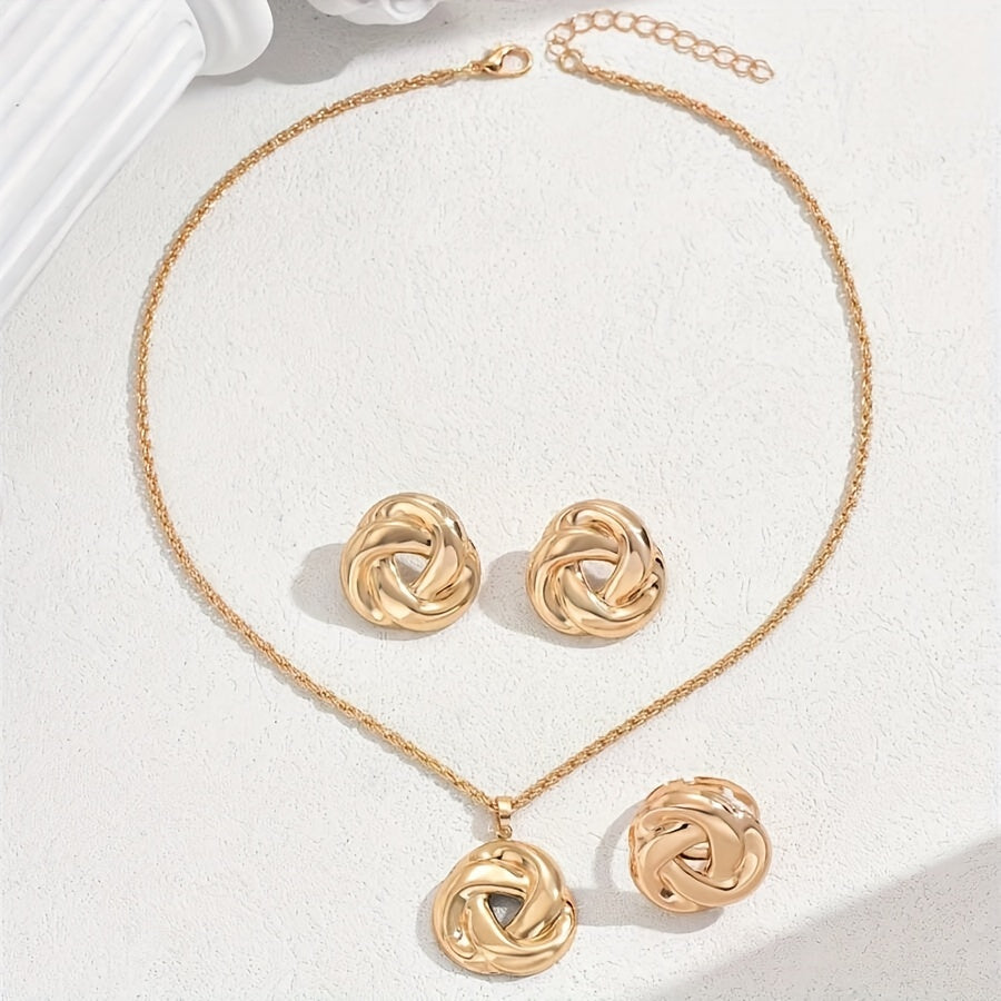 Boho-Chic 3pcs Jewelry Set for Women - Geometric Rose Flower Necklace, Earrings & Ring - Zinc Alloy, Perfect for Casual Attire