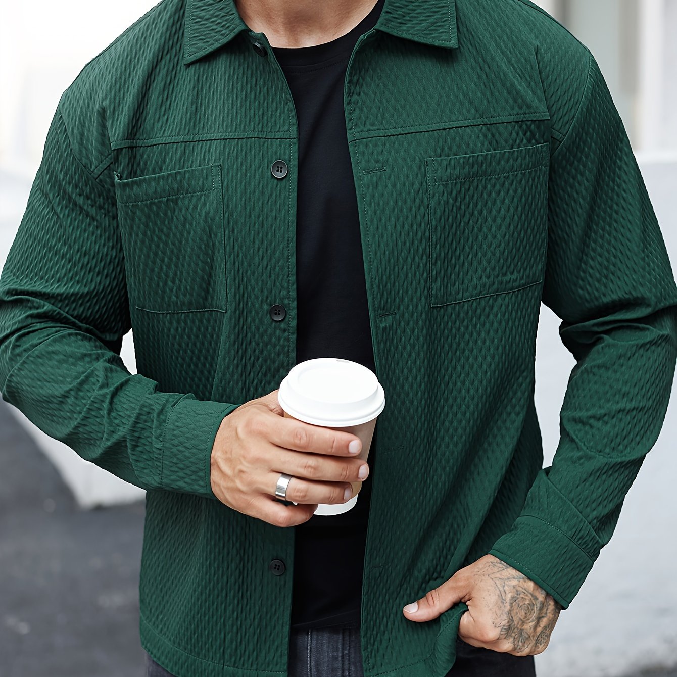 Men's Solid Color Textured Long Sleeve Shirt For Winter And Fall, Casual Comfy Shirt As Gift