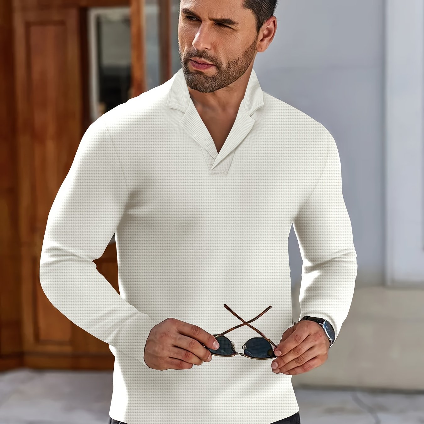 Men's Casual Long Sleeve Knitted Shirt With Suit Collar - Spring/Autumn Long Sleeve Pullover Top