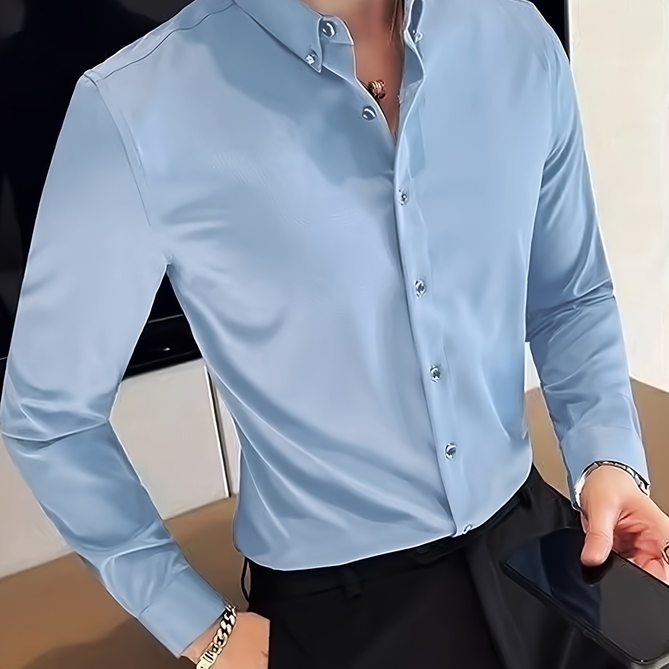 Men's Solid Long Sleeve And Button Down Lapel Shirt With Breathable Fabric, Casual And Chic For Business And Formal Occasions