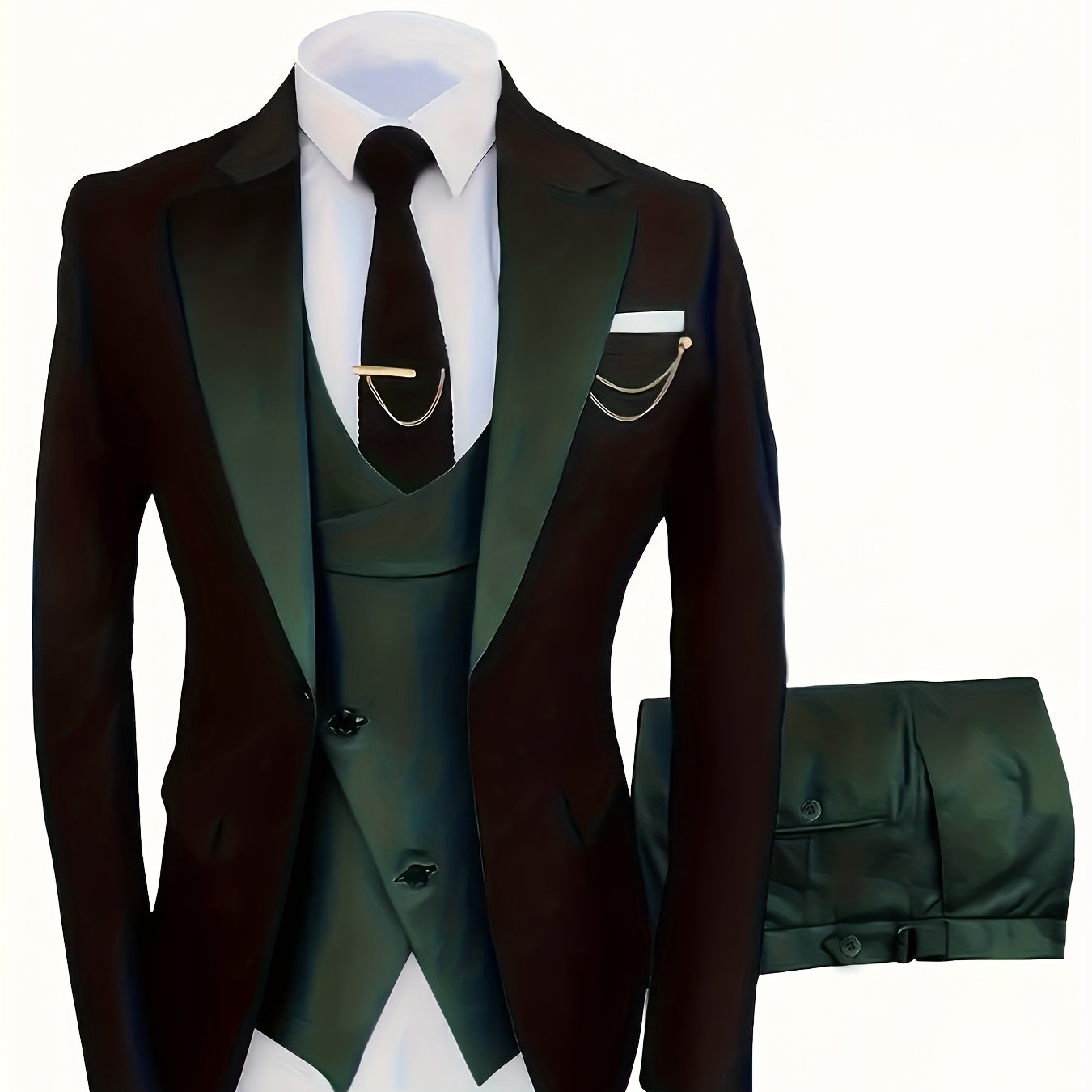 3pcs Men's Dress Suit Set, Contrast Color Notch Lapel Blazer, Shawl Lapel Waistcoat With Novel Button Design, And Solid Pants, Suitable For Banquet And Party Wear, No Accessories Included