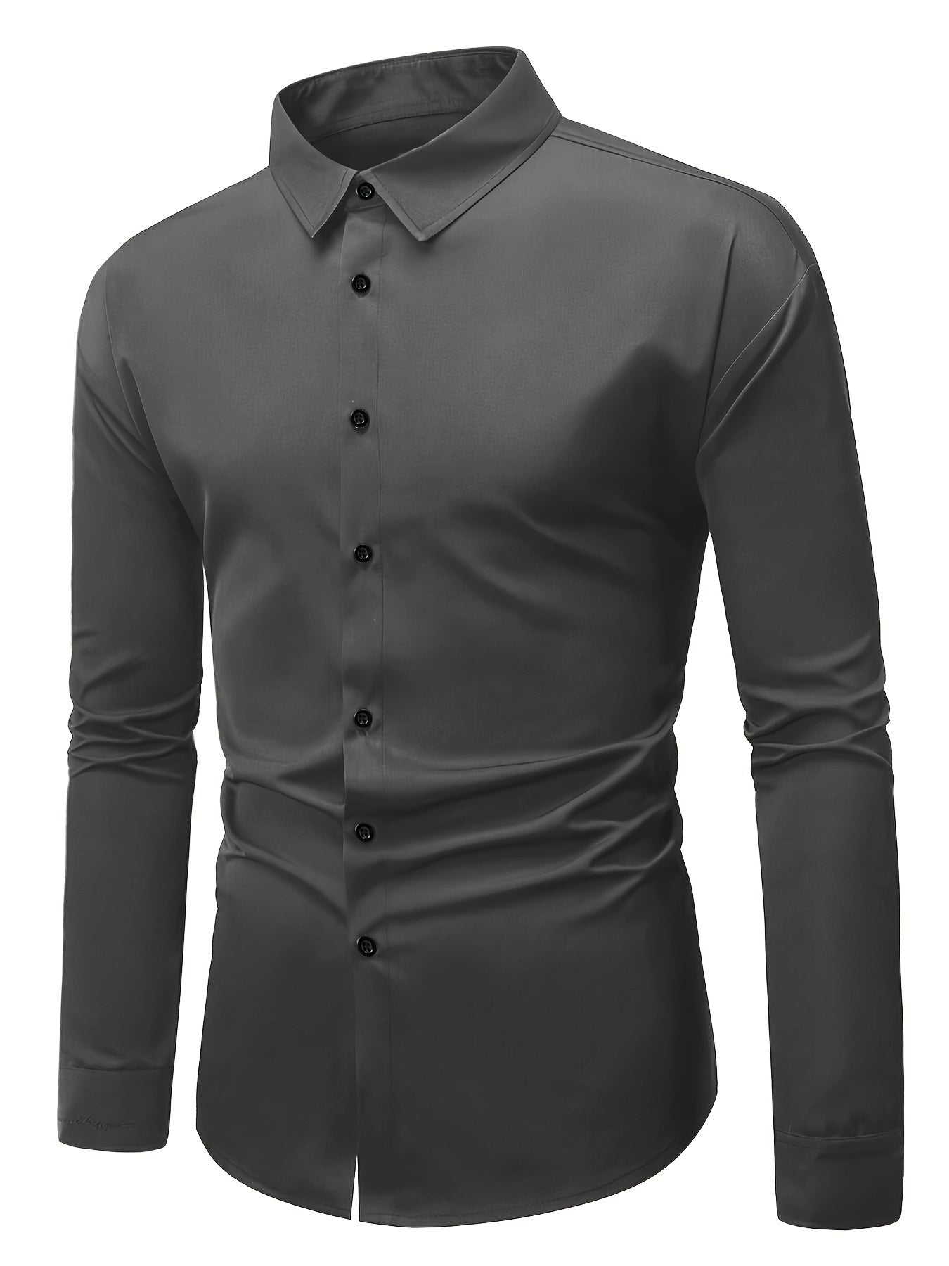 Men's Solid Color Lapel Collar Design Dress Shirts, Long Sleeve Casual Button Up Shirt For Formal Occasions