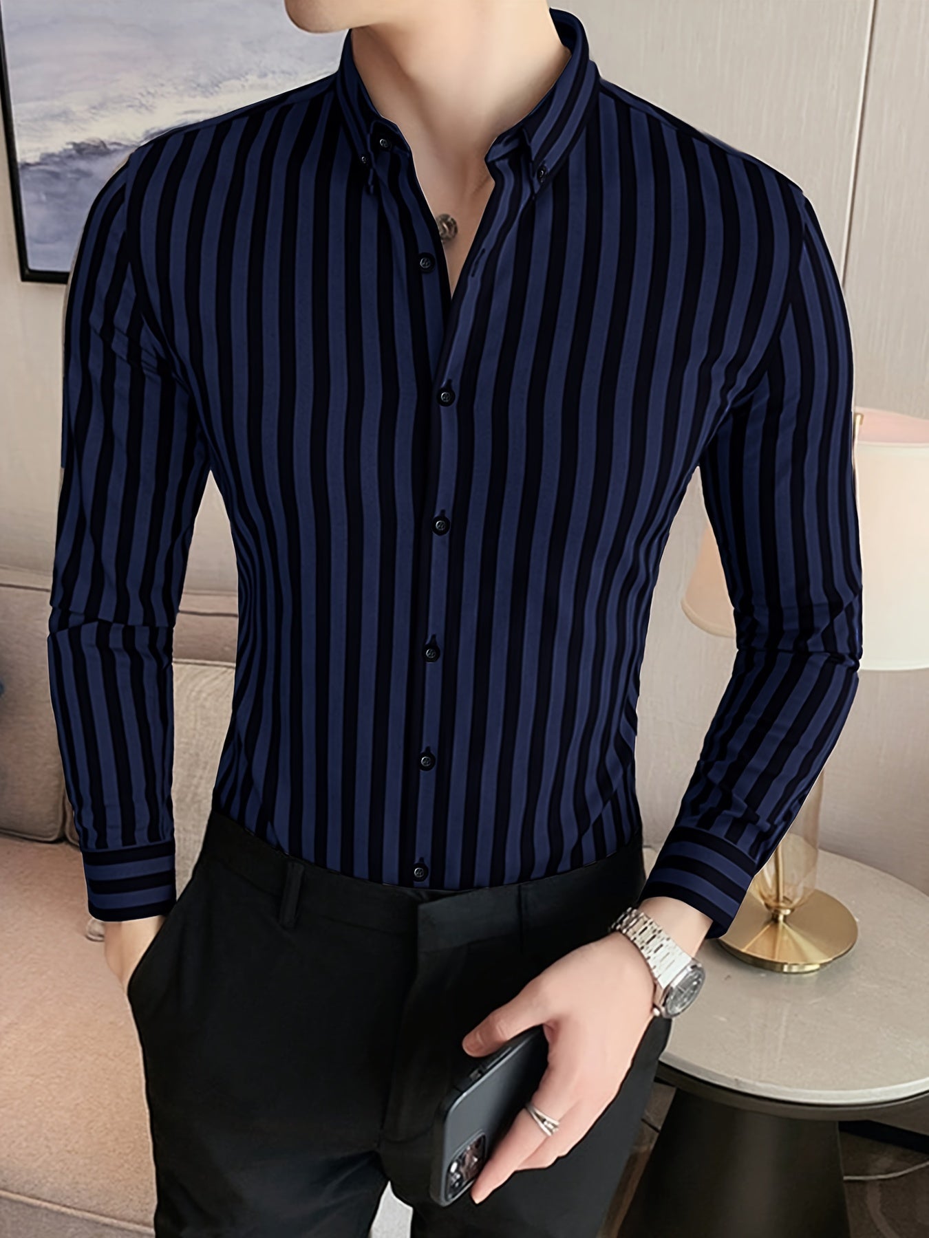 Men's Slim Fit Striped Dress Shirt - Polyester, Turn-Down Collar, All-Season, Button-Front, Mature Style