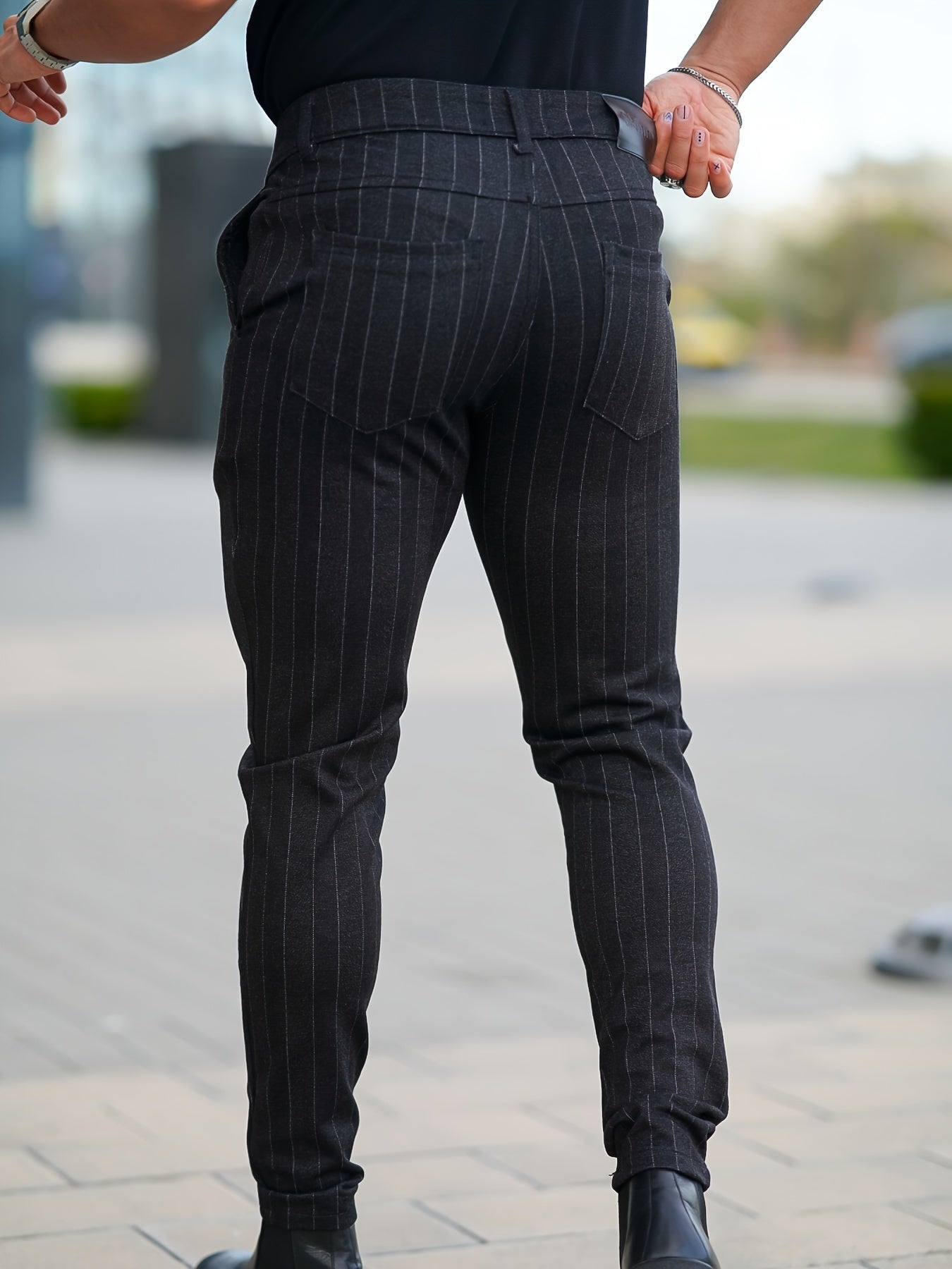 Black Striped Slim-Fit Elegant Mature Pants