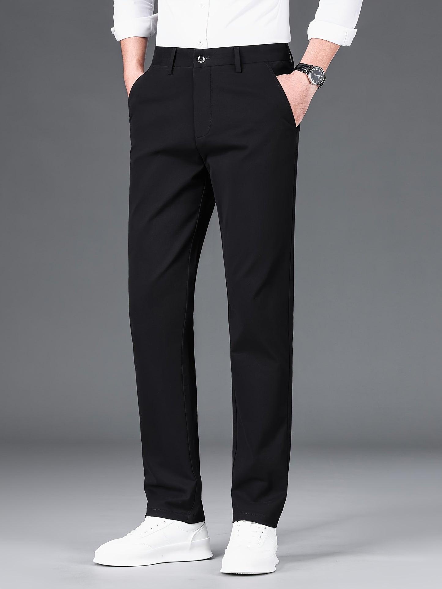 Men's Four-Season Business Casual Dress Pants, Comfortable Micro-Elastic Slim-Fit Cotton Blend Trousers With Pockets, Regular Length, Solid Color