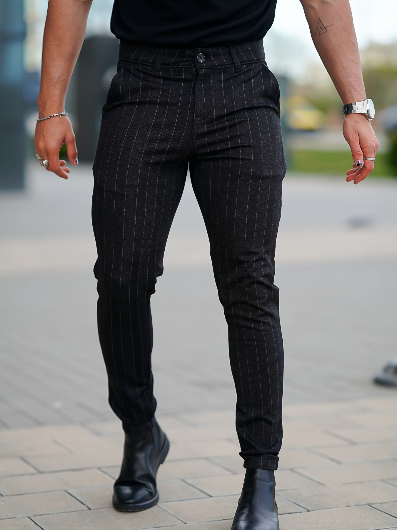 Black Striped Slim-Fit Elegant Mature Pants