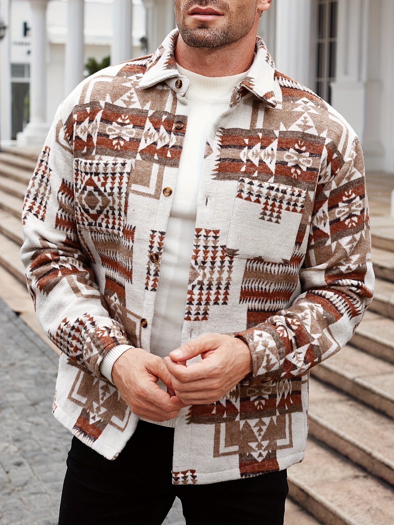 Men's Ethnic Geometric Pattern Long Sleeve Shirt For Winter And Fall, Loose Fit Casual Comfy Shirt As Gift