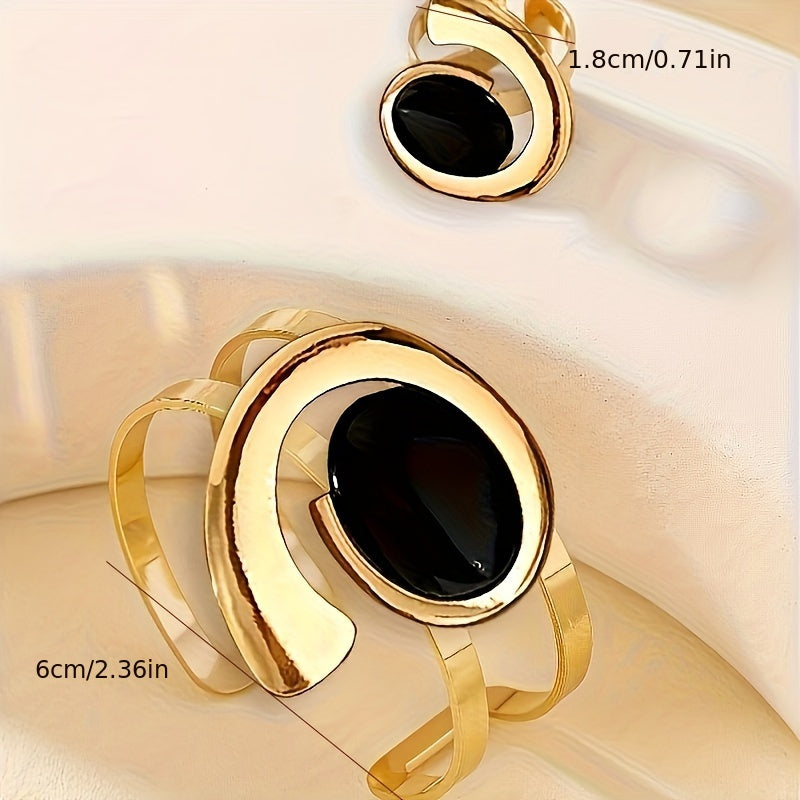 Chic 2pcs Set: Vintage-Inspired Luxury Acrylic Open Ring & Bangle - Zinc Alloy, Perfect for Casual Attire