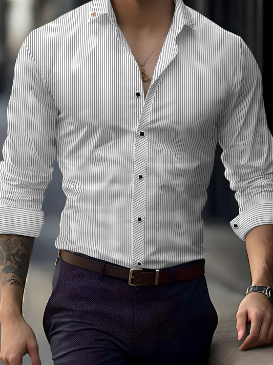 Men's Striped Dress Shirt, Formal Lapel Button Down Long Sleeve Shirt For Party/wedding/formal Prom