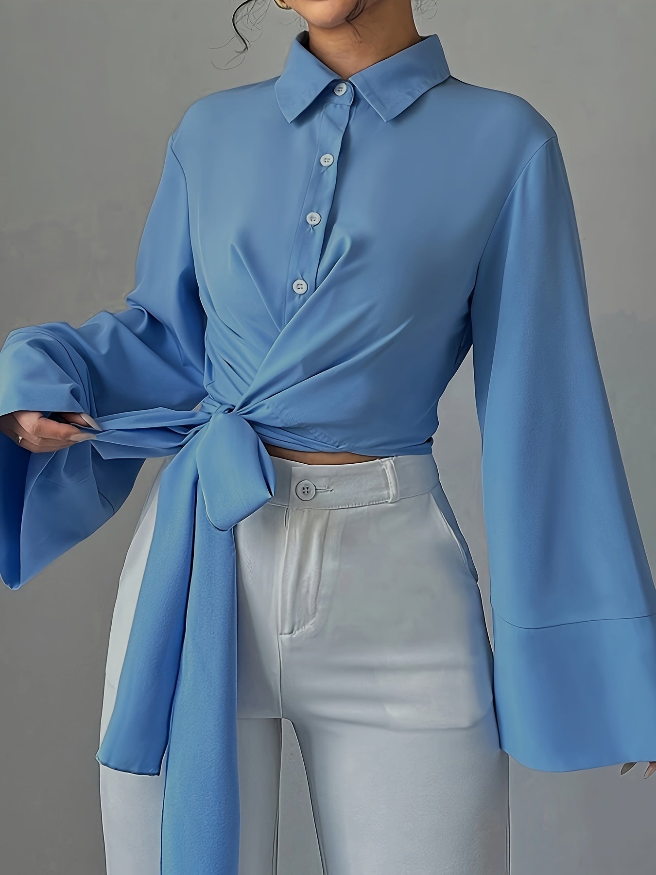 Elegant Solid Color Cross Wrap Bow-Tie Front Blouse for Women, Lapel Collar Bell Sleeve Top, 100% Polyester Woven All-Season Shirt