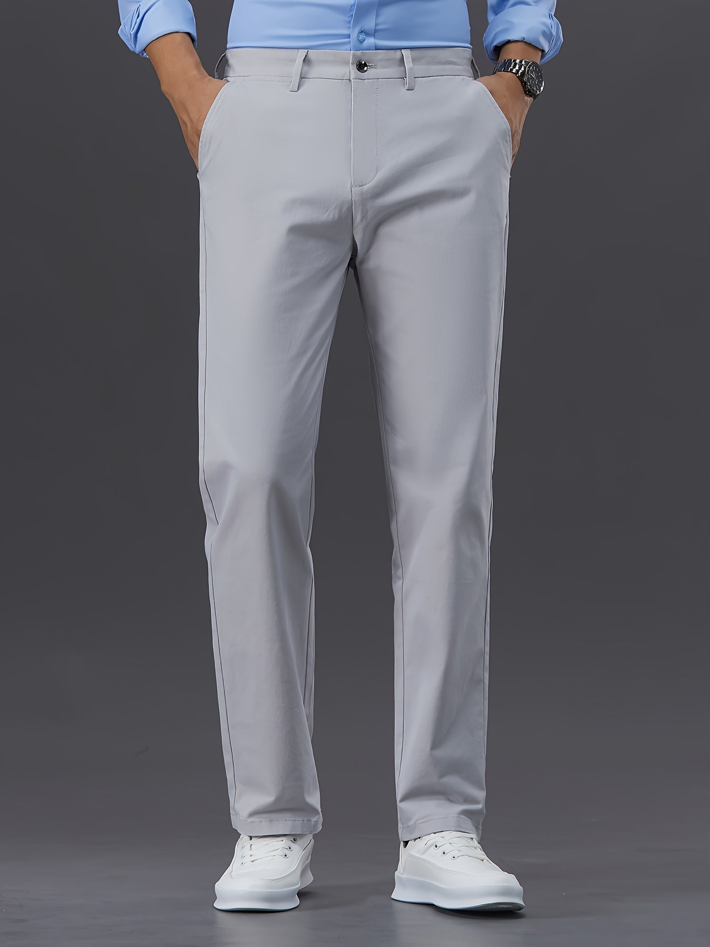 Men's Four-Season Business Casual Dress Pants, Comfortable Micro-Elastic Slim-Fit Cotton Blend Trousers With Pockets, Regular Length, Solid Color