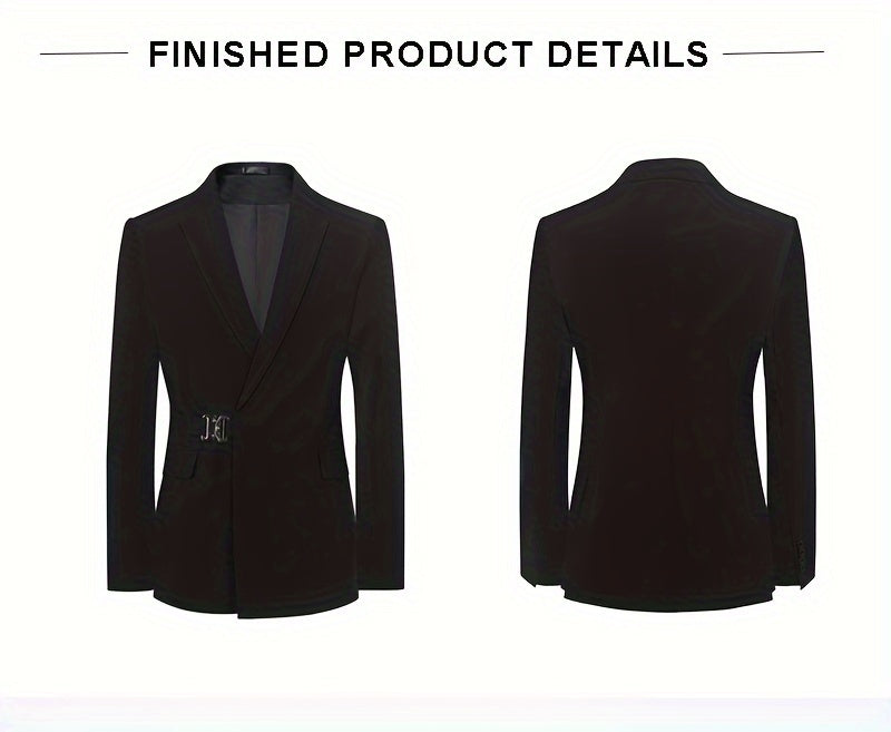 Men's Slim Fit Fashion Blazer, Casual Style Jacket For Wedding & Banquet, Trendy Personalized Coat With Waist Buckle, Old Money Style