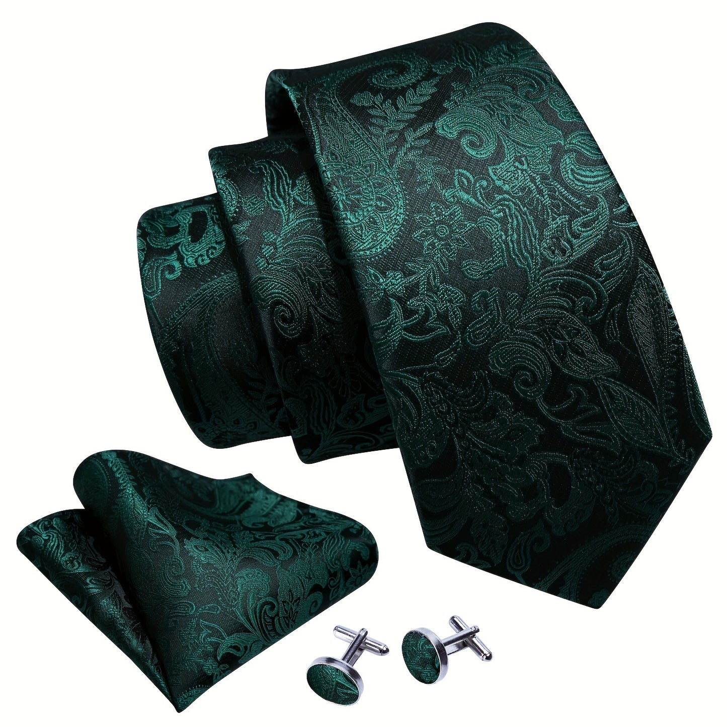 Barry.Wang Men's Tie Green Paisley Floral Jacquard Tie Pocket Square And Cufflinks Set Wedding Party, Ideal choice for Gifts