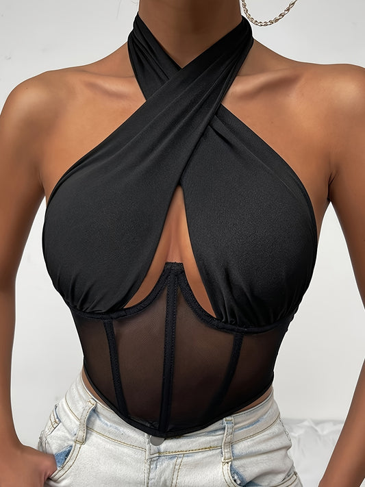 Solid Mesh Contrast Halter Semi Sheer Top, Sexy Hollow Out Top, Women's Lingerie & Underwear