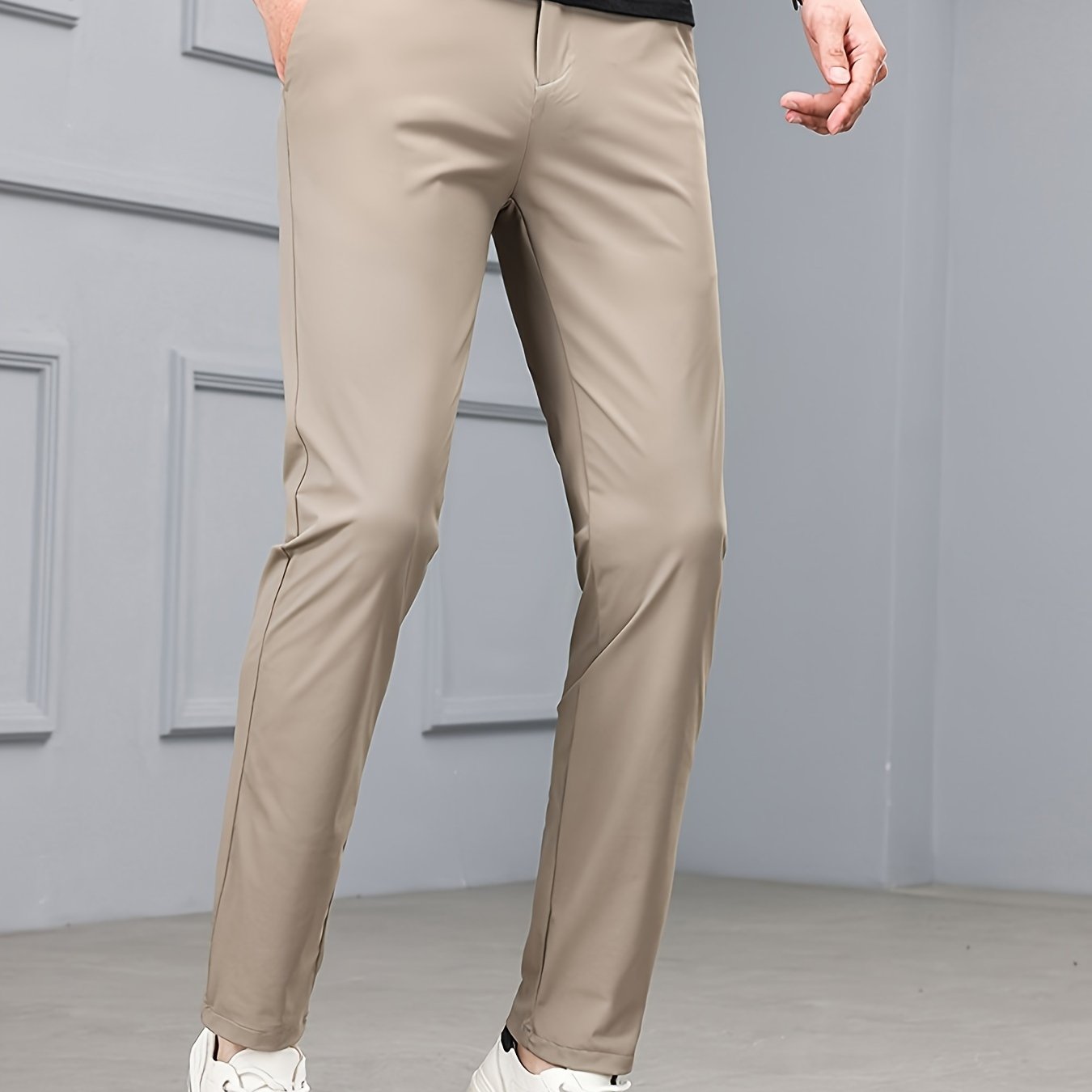 Men's Solid Dress Pants With Pockets, Casual Skinny High Stretch Trousers For Outdoor, Old Money Style