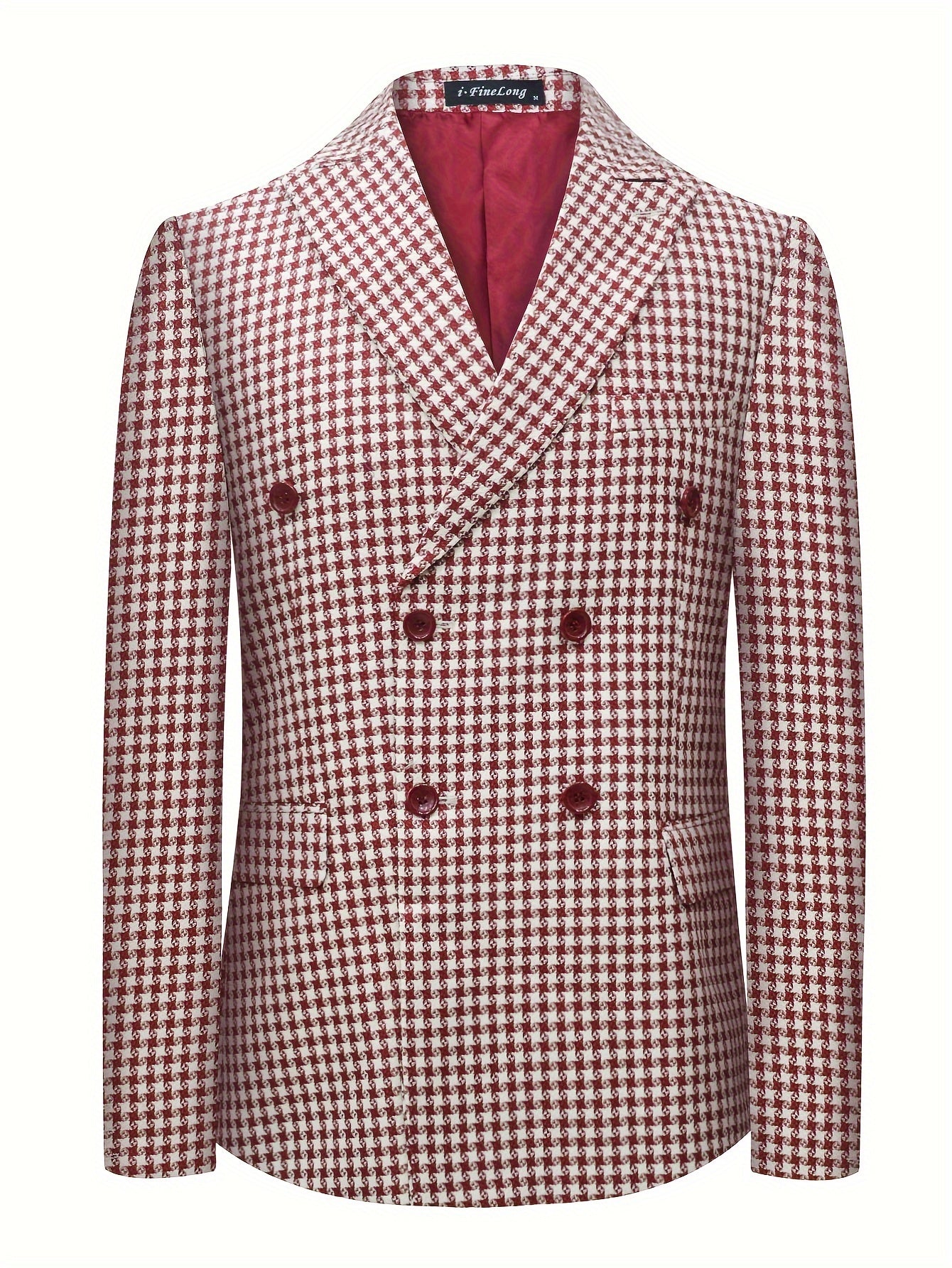 Men's Casual Houndstooth Sport Coat with Peak Lapels - Polyester 100% Woven Fabric, Non-Stretch, Long Sleeve Blazer for Business and Fashion, Classic Pocket Details, Regular Fit for Spring/Fall