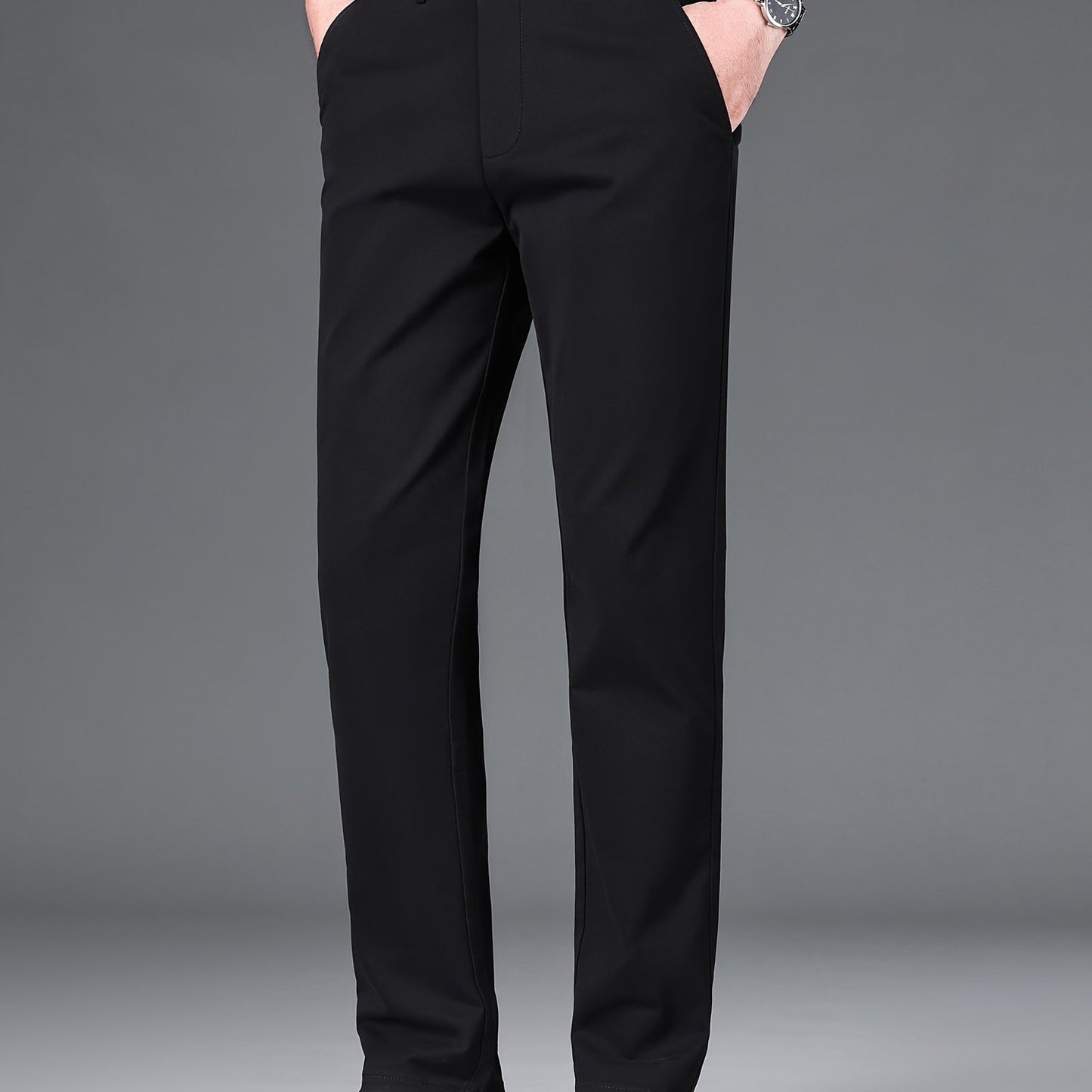 Men's Four-Season Business Casual Dress Pants, Comfortable Micro-Elastic Slim-Fit Cotton Blend Trousers With Pockets, Regular Length, Solid Color