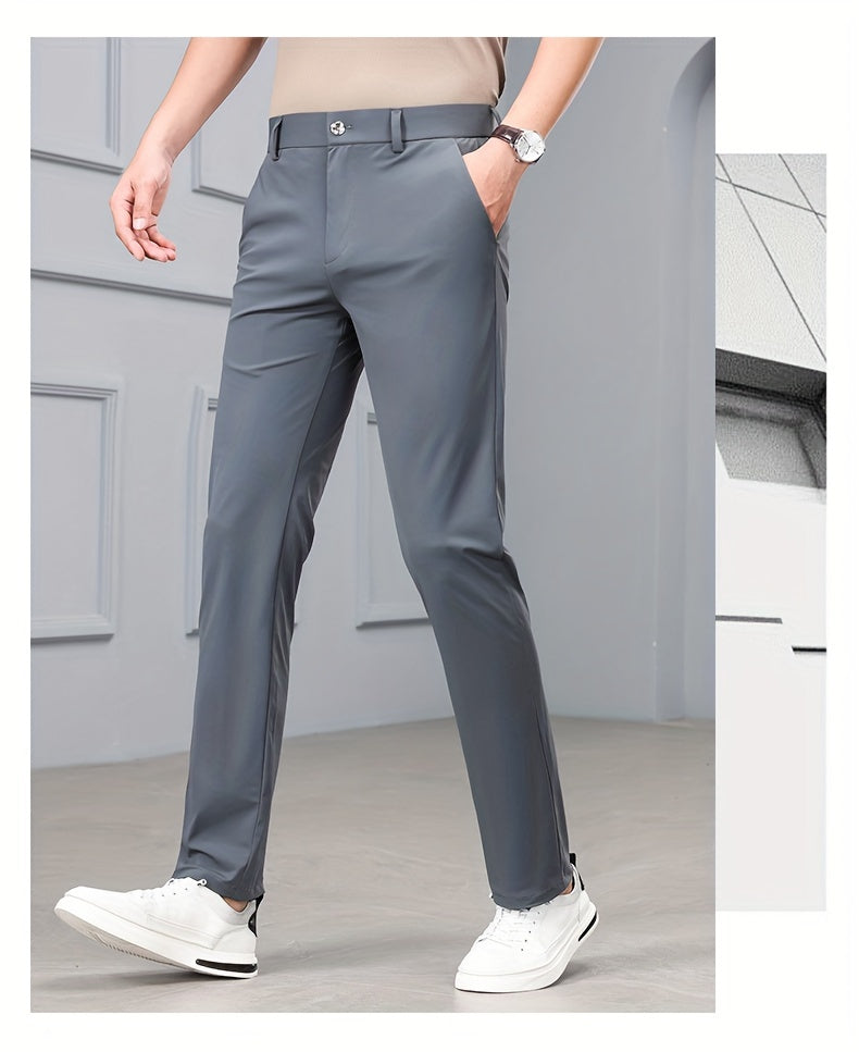 Men's Solid Dress Pants With Pockets, Casual Skinny High Stretch Trousers For Outdoor, Old Money Style