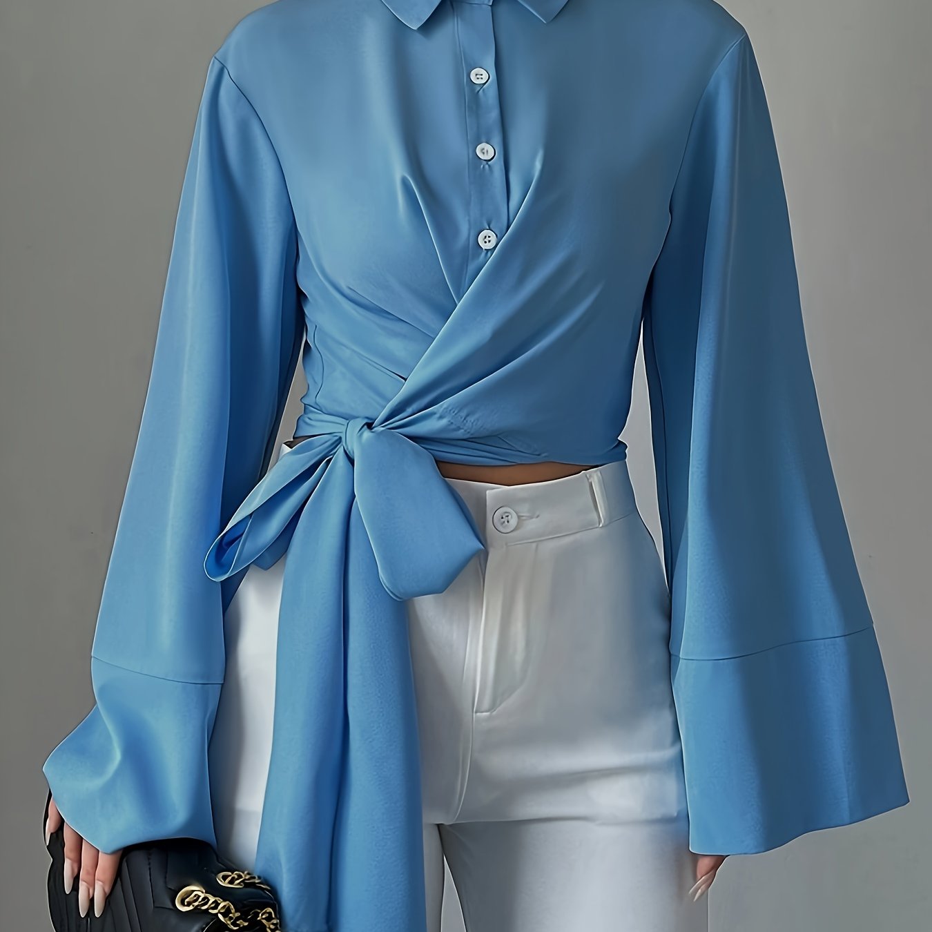 Elegant Solid Color Cross Wrap Bow-Tie Front Blouse for Women, Lapel Collar Bell Sleeve Top, 100% Polyester Woven All-Season Shirt