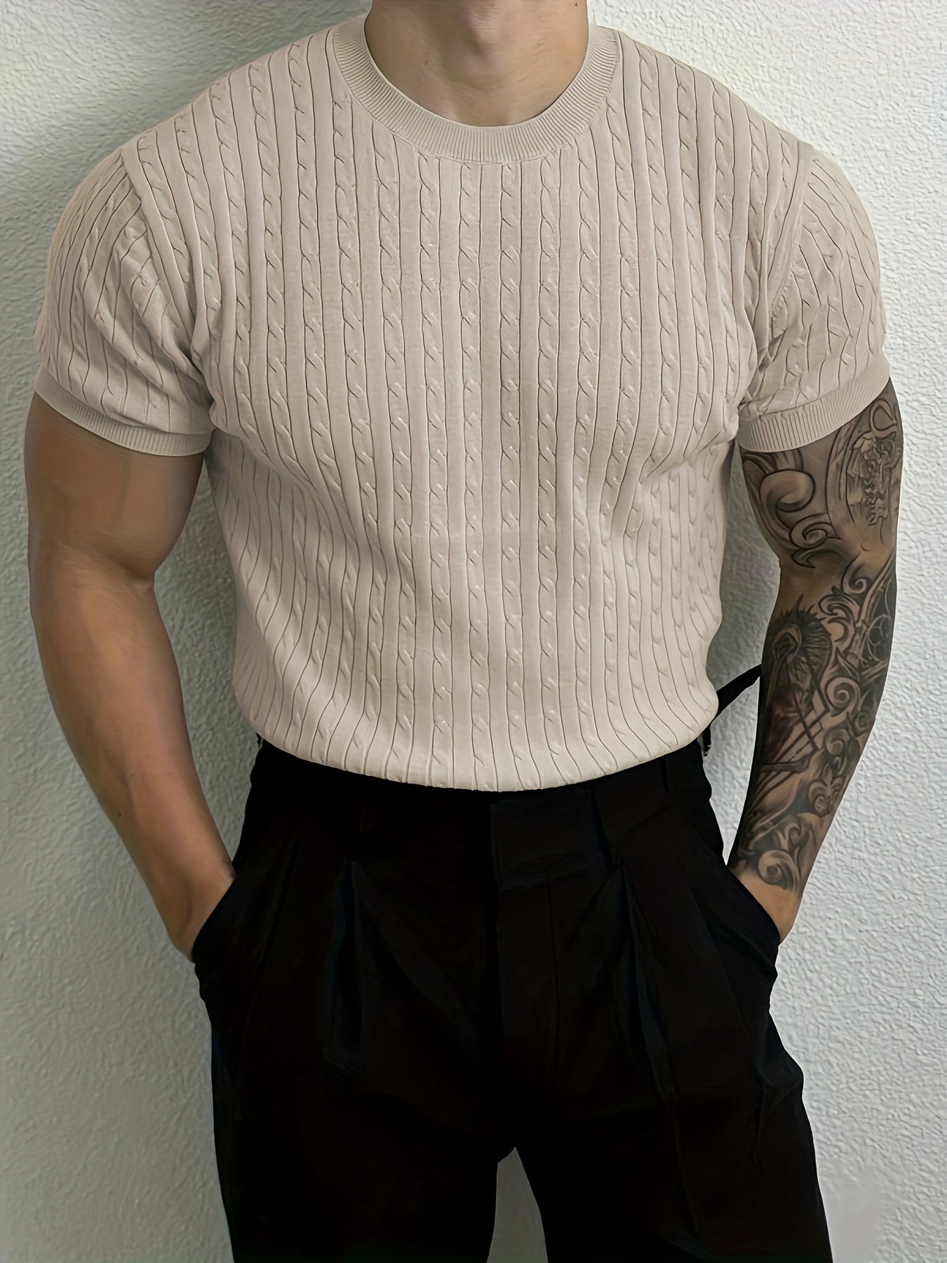 Men's Ribbed And Textured Knit Crew Neck And Short Sleeve T-shirt, Casual And Chic Summer Tops For Daily And Outdoors Leisurewear